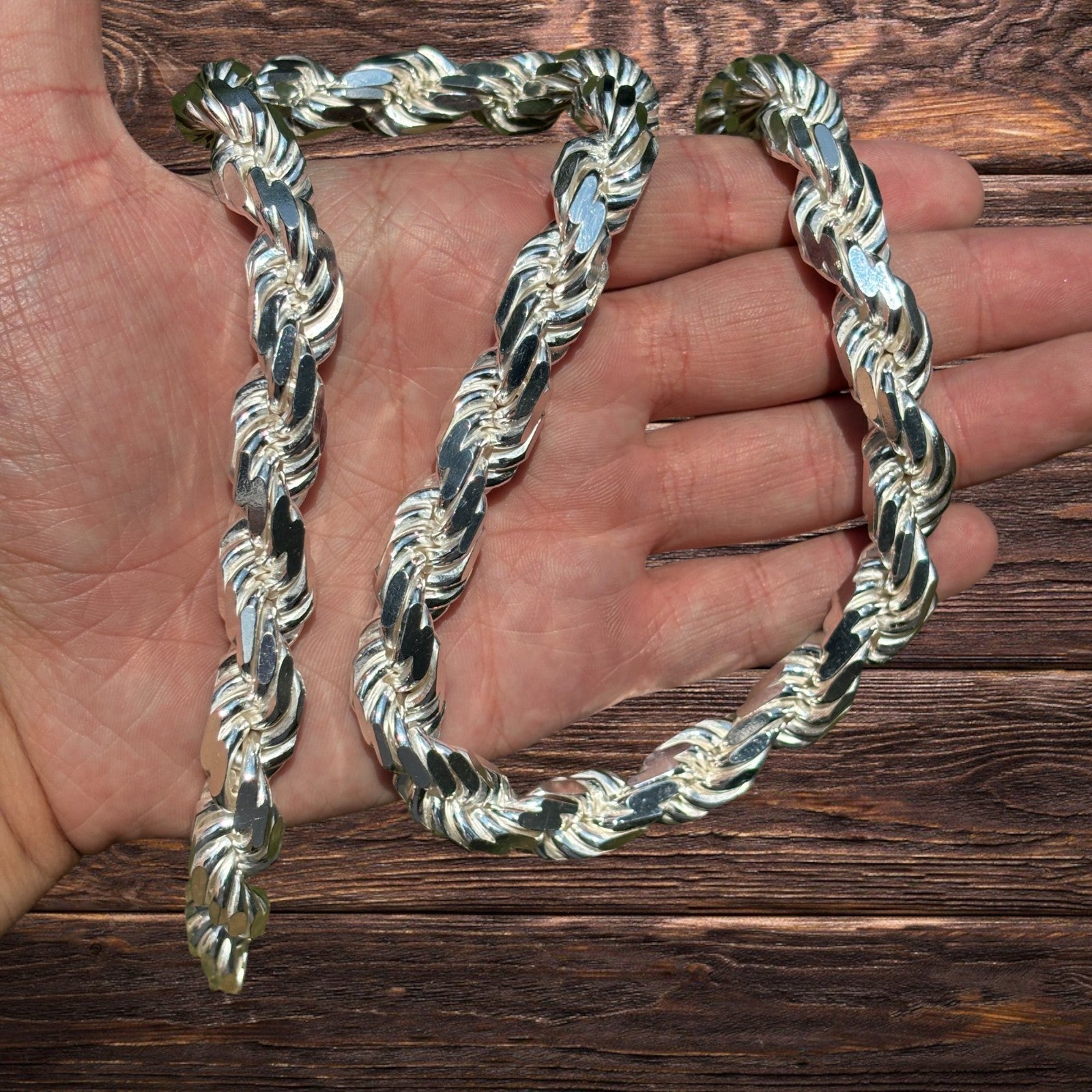 925 Sterling Silver 12.5mm Diamond Cut Rope Chain Necklace