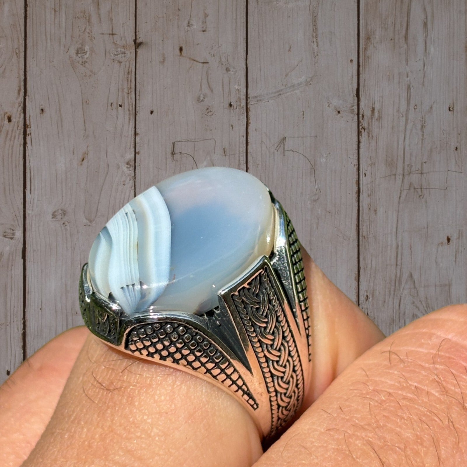 Real 925 Sterling Silver Oval Agate Gemstone Ring