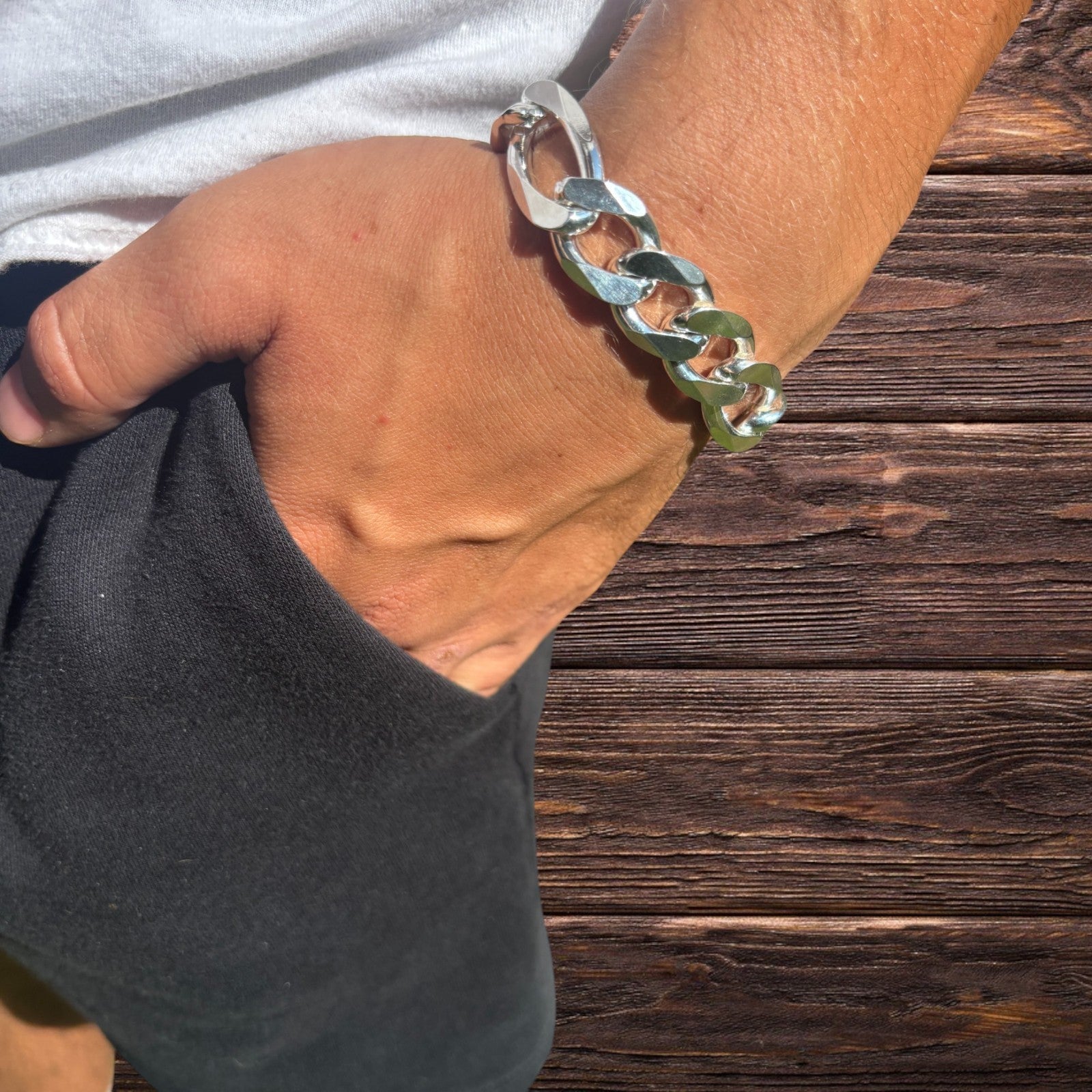 925 Sterling Silver 15mm Figaro Bracelet
