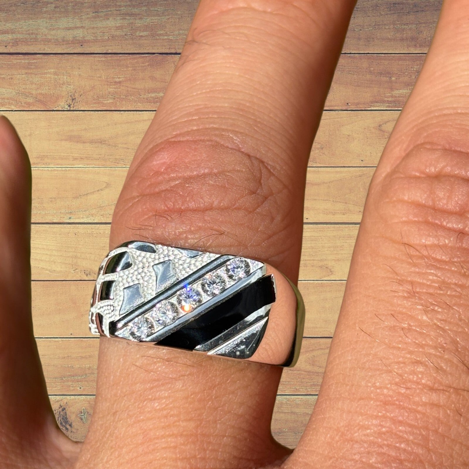 925 Sterling Silver Nugget Ring With Black Onyx & CZ Stones