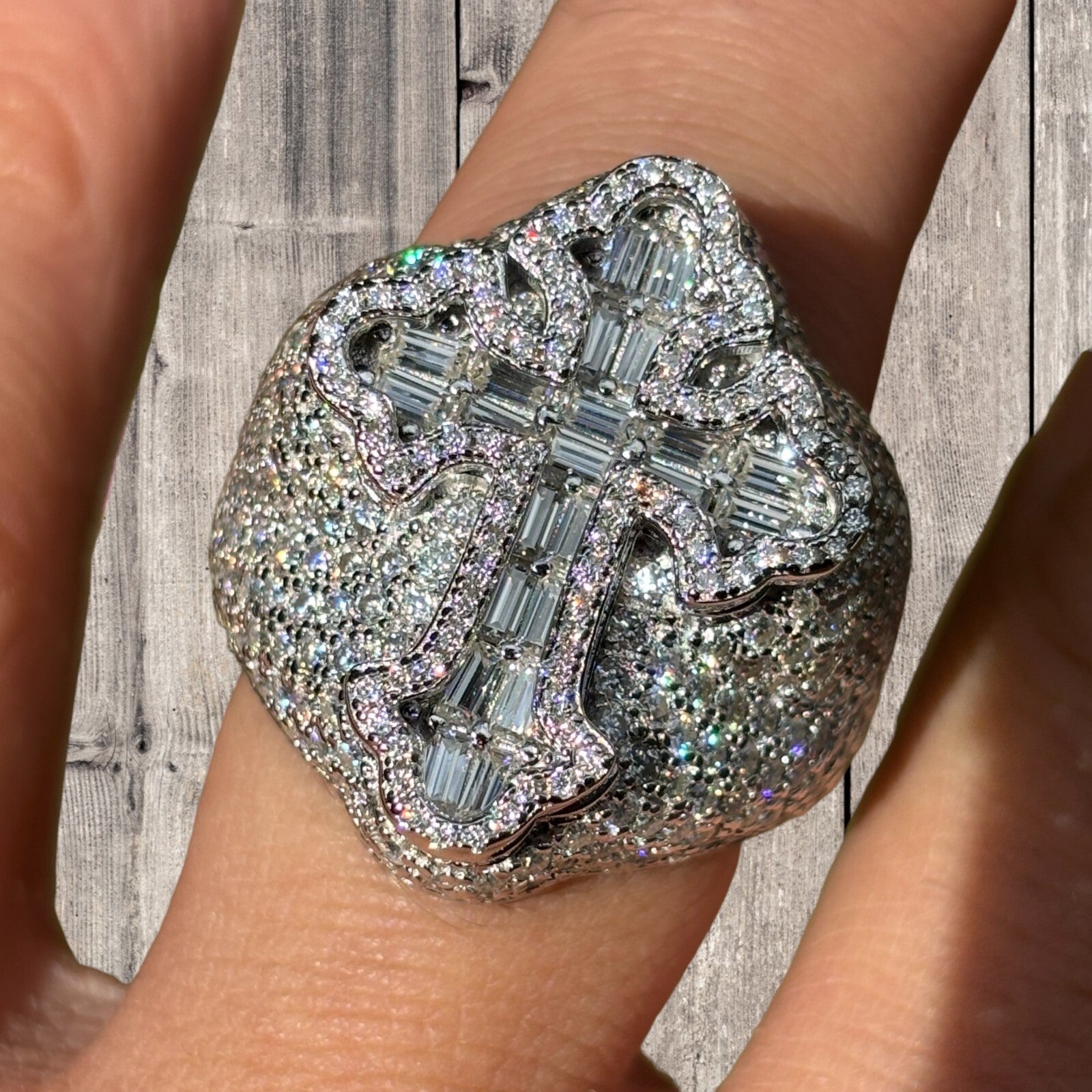 925 Sterling Silver Baguette Cross Ring With Moissanite