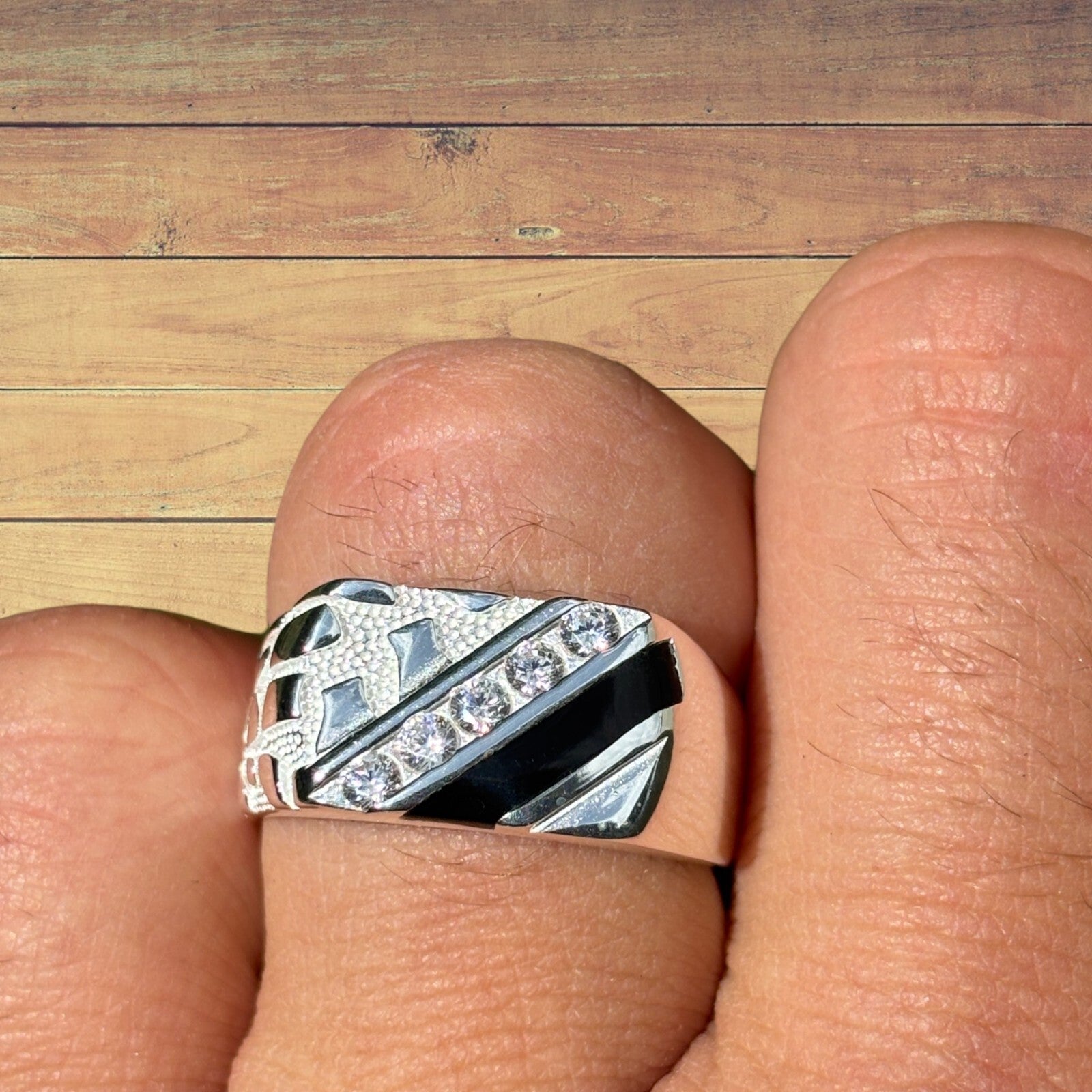 925 Sterling Silver Nugget Ring With Black Onyx & CZ Stones