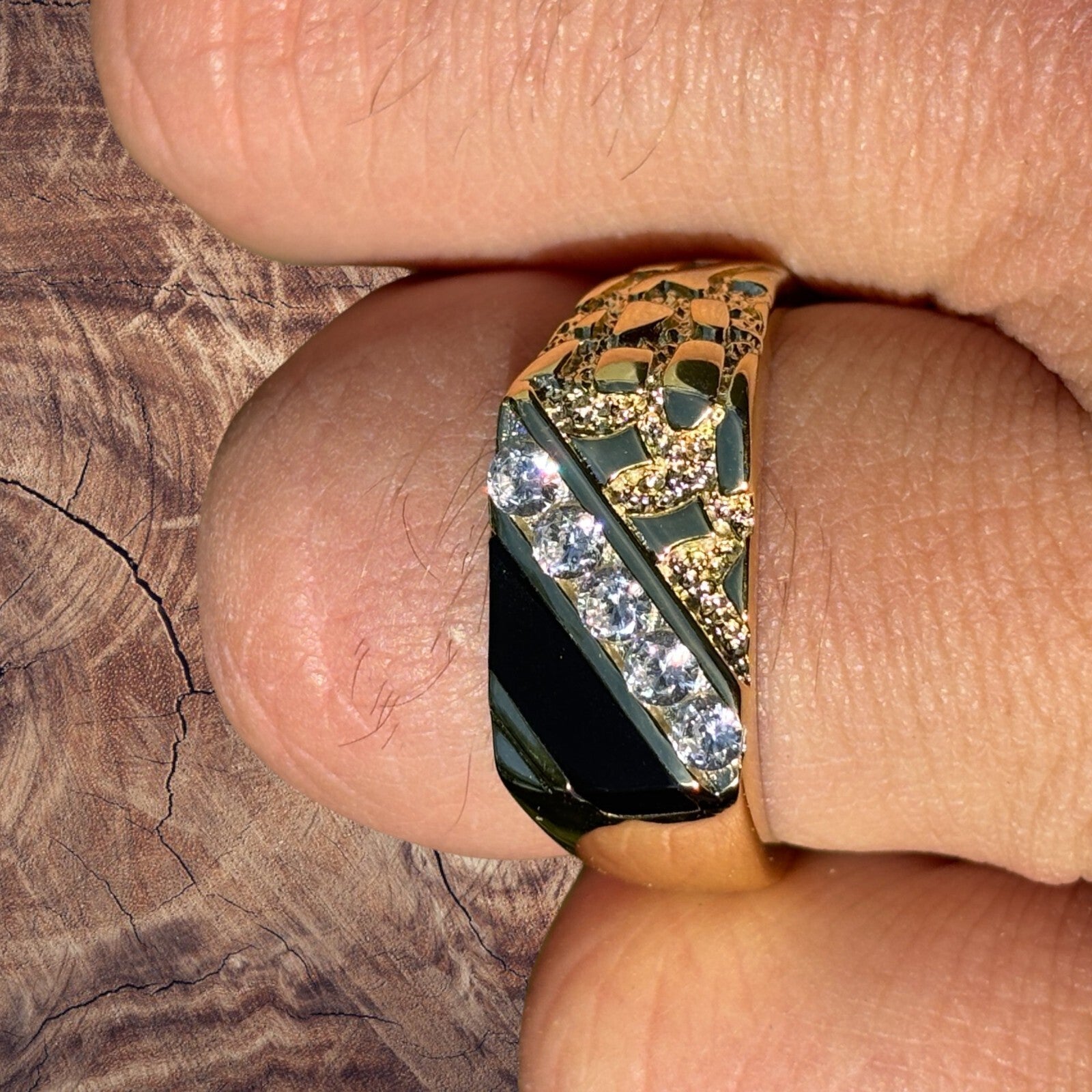 925 Sterling Silver Nugget Ring With Black Onyx & CZ Stones