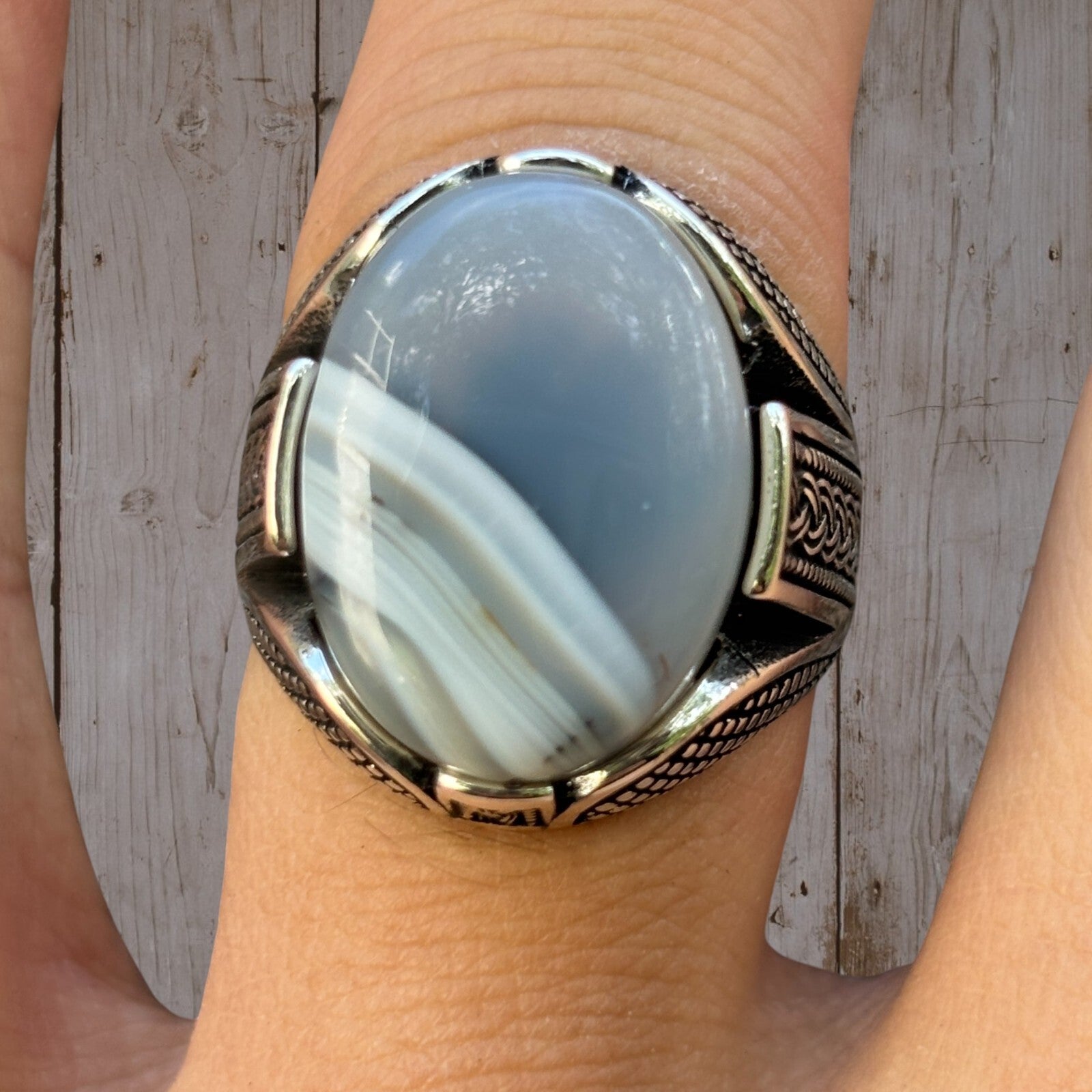 Real 925 Sterling Silver Oval Agate Gemstone Ring