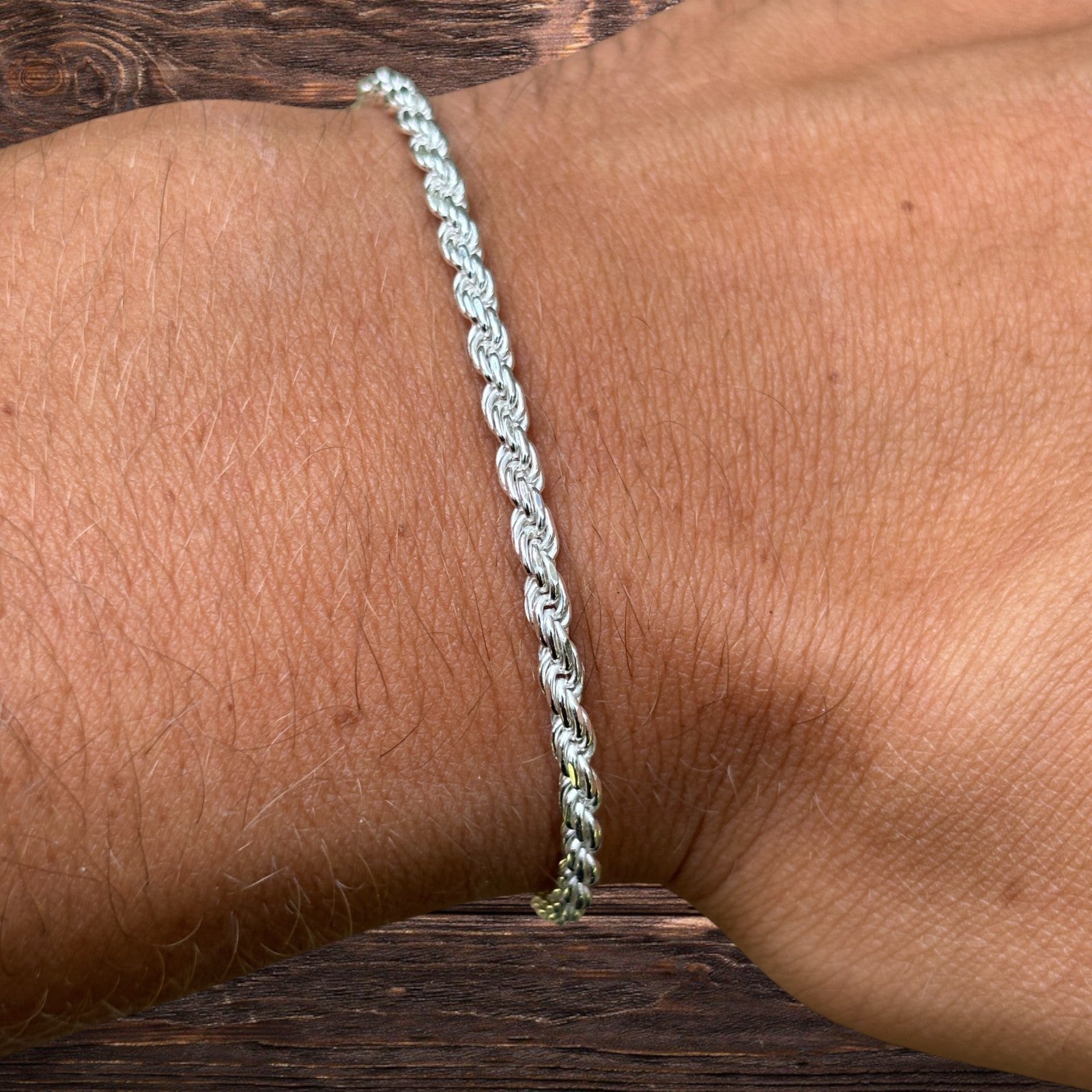 925 Sterling Silver 3mm Diamond Cut Rope Bracelet