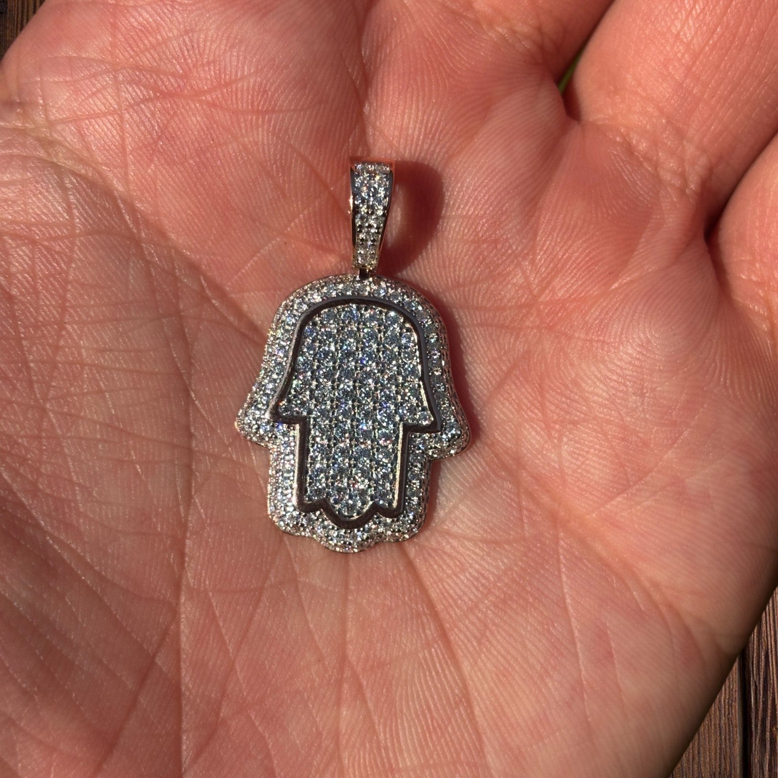 925 Sterling Silver Fully Iced Out Hamsa Pendant With Moissanite - Small