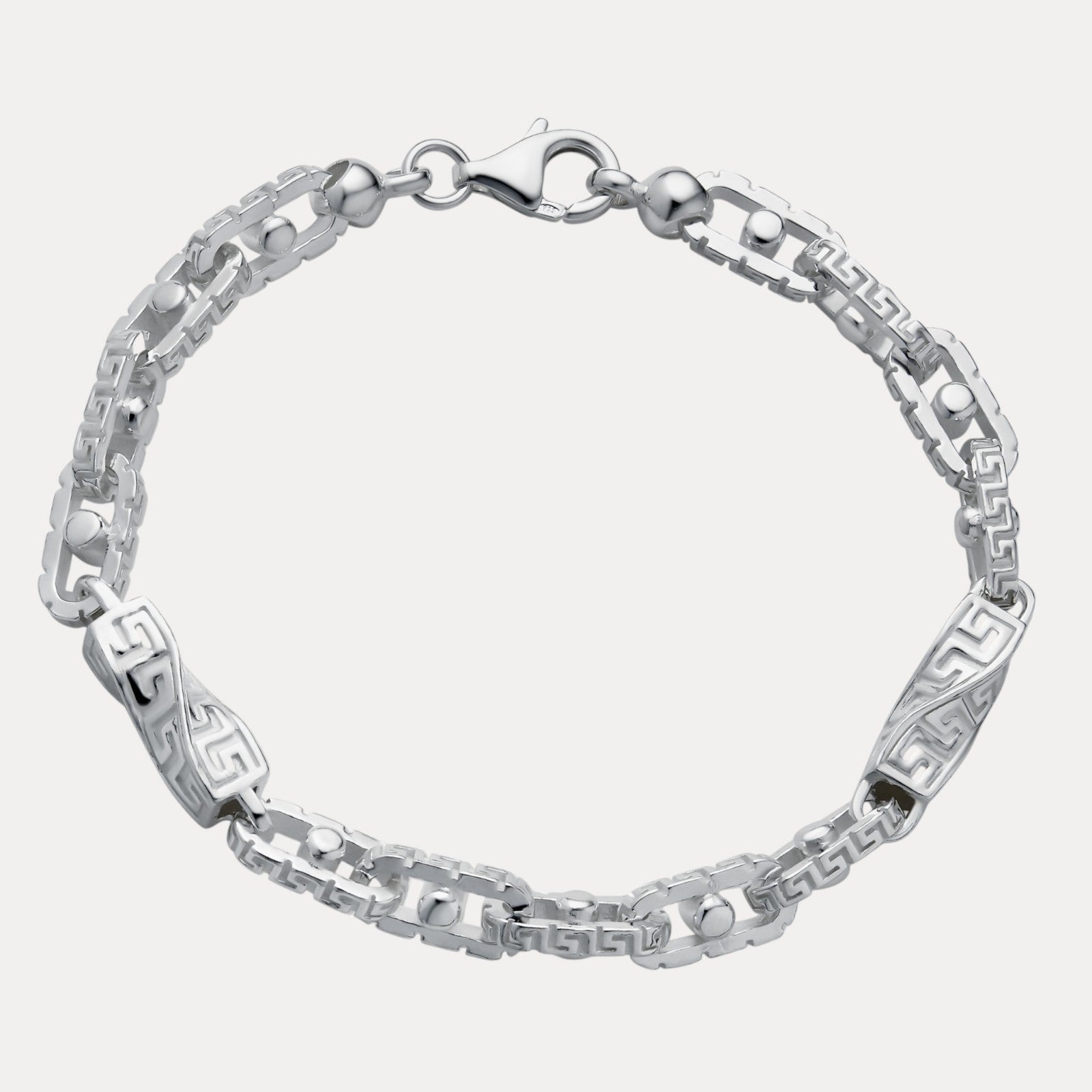 925 Sterling Silver 7mm Greek Key Rolo Link Bracelet