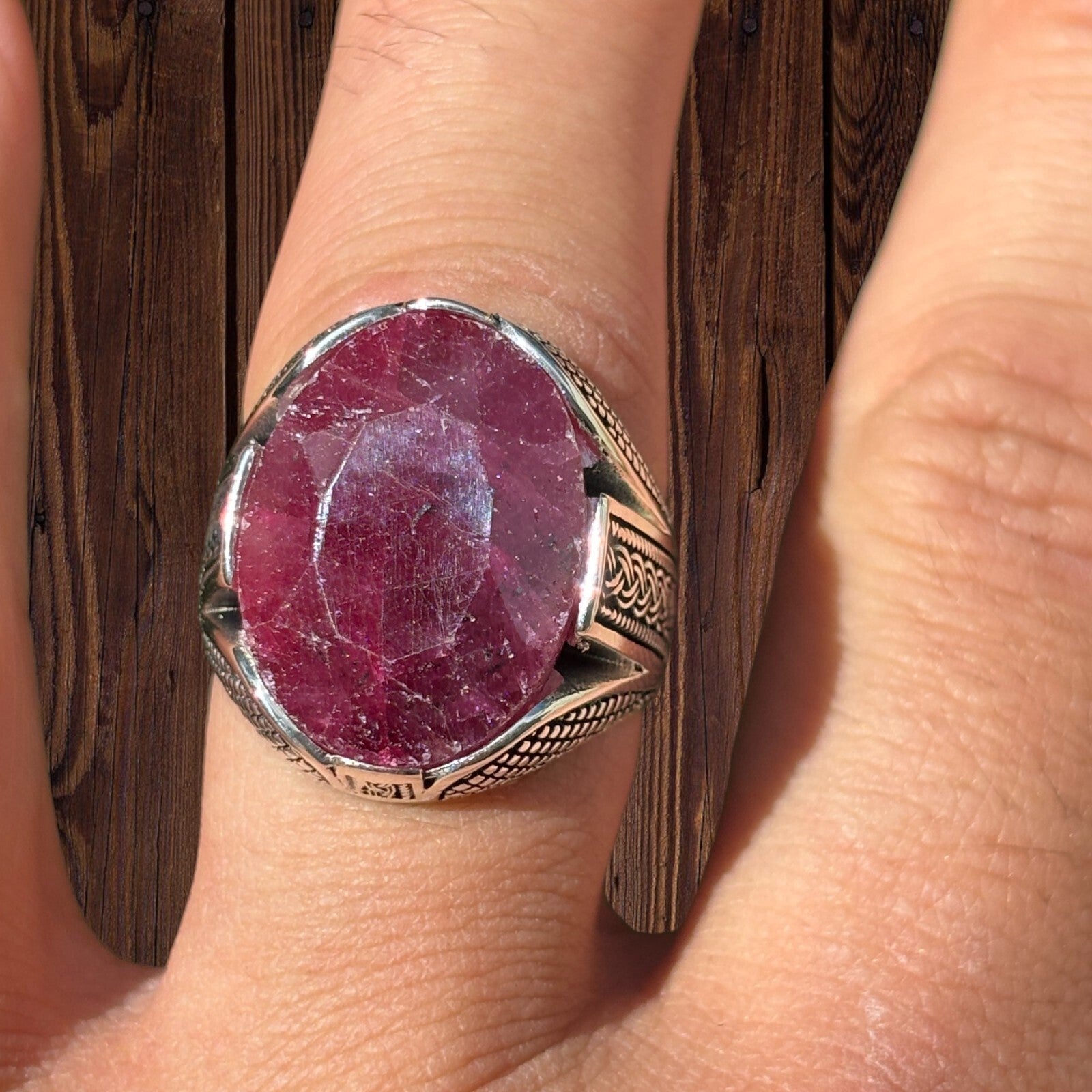 925 Sterling Silver Red Ruby Oval Stone Ring
