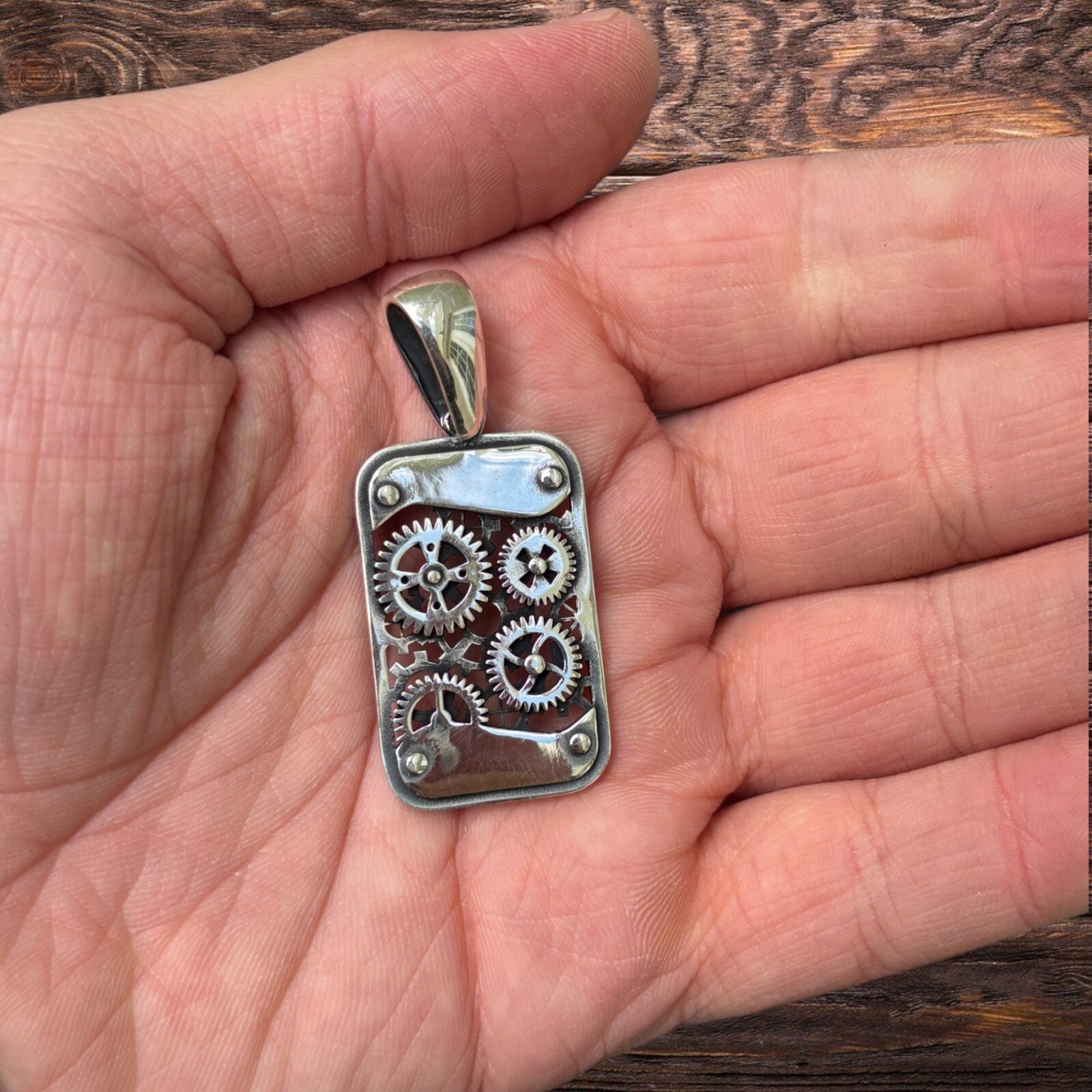 925 Sterling Silver Gears On A Dog Tag Pendant