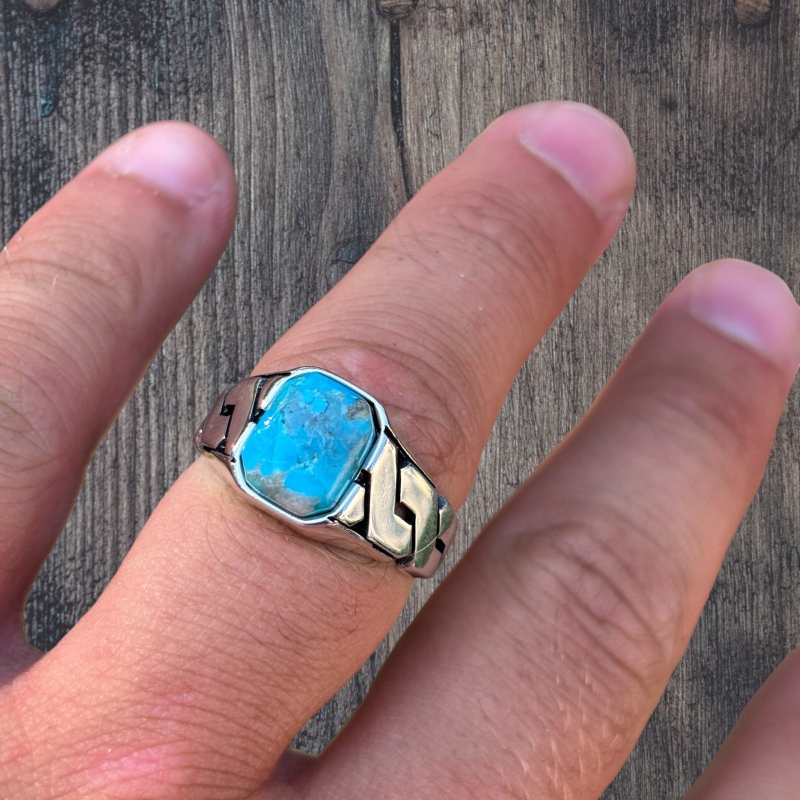 925 Sterling Silver Blue Turquoise Onyx Stone Cuban Ring