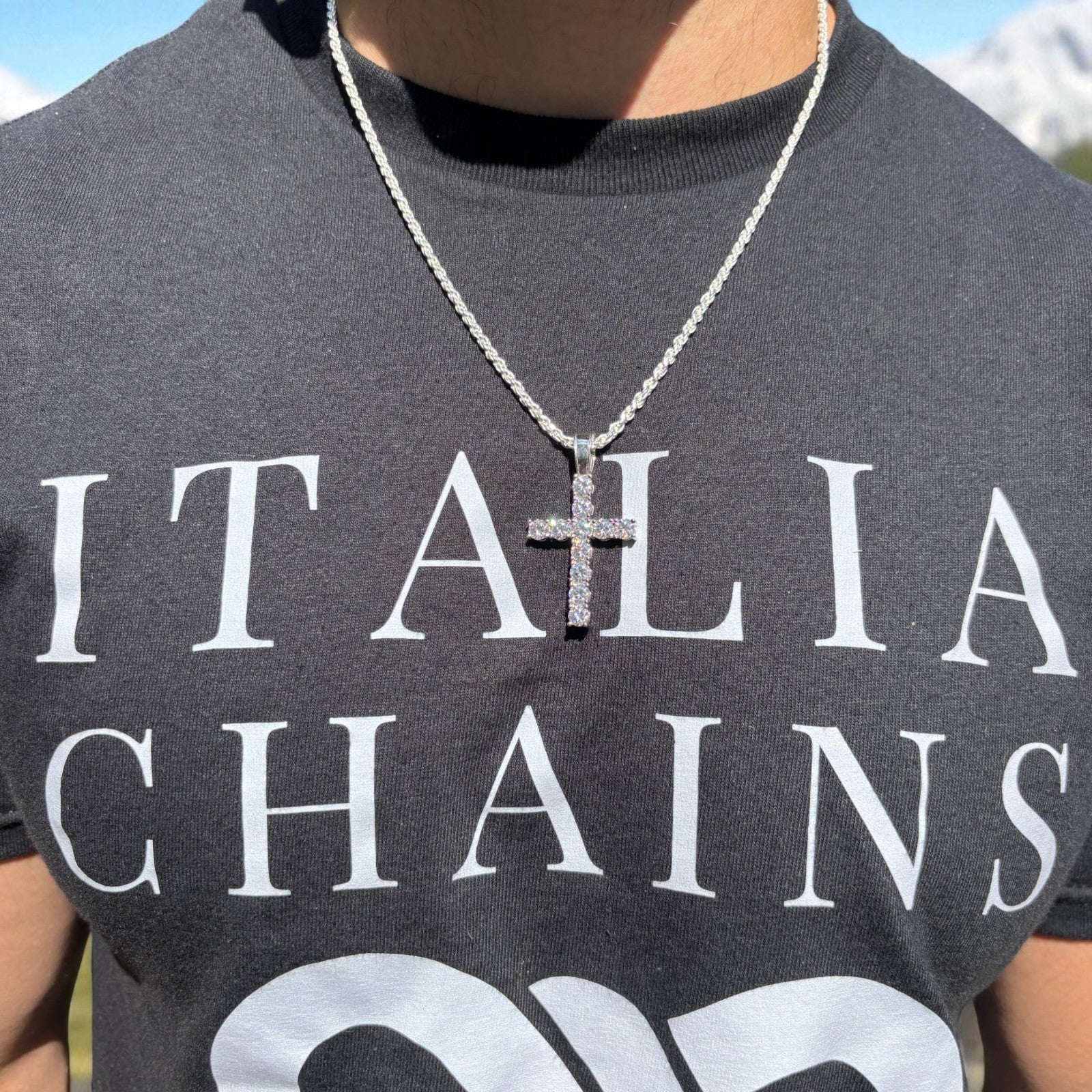 925 Sterling Silver Tennis Cross Pendant With Moissanite - Large