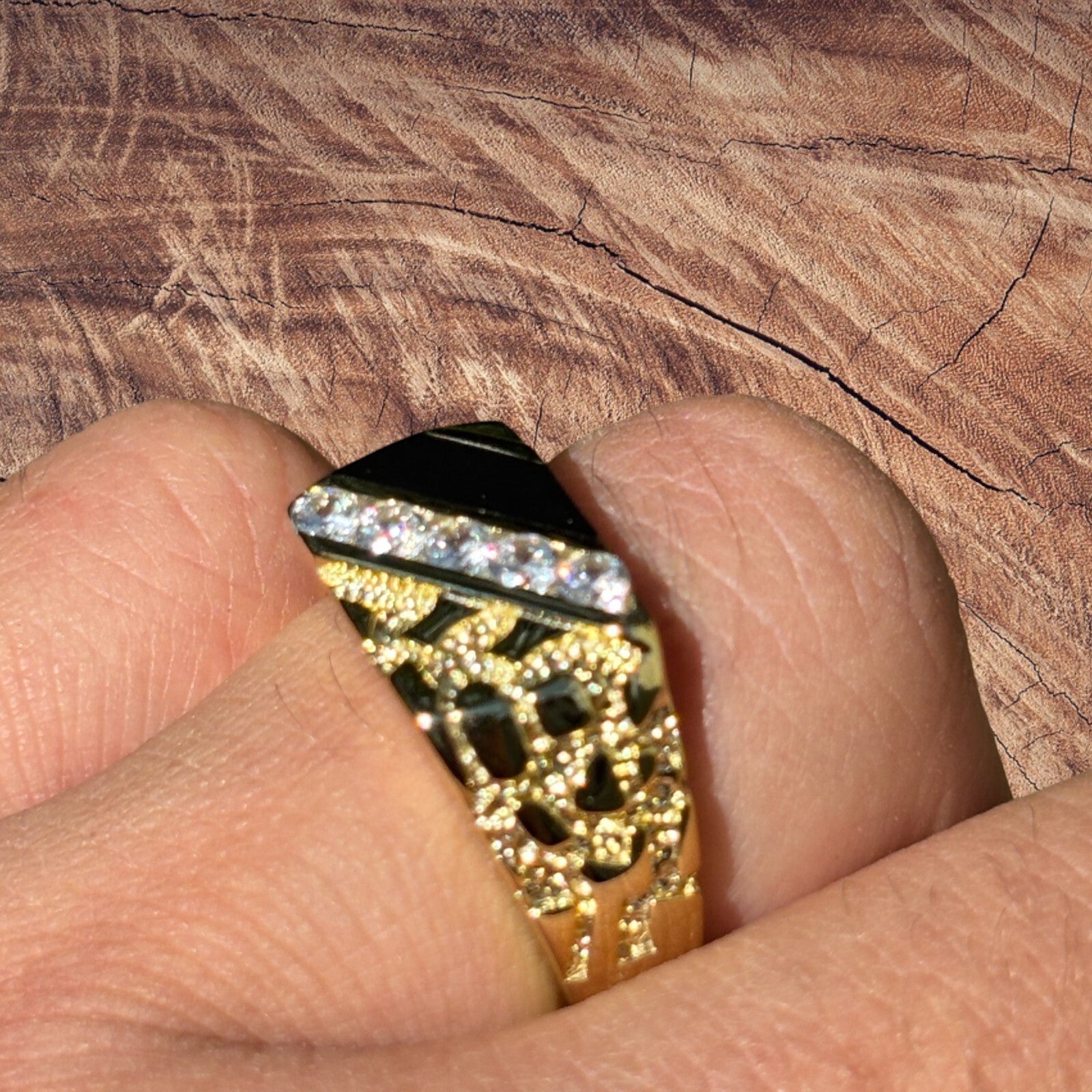 925 Sterling Silver Nugget Ring With Black Onyx & CZ Stones