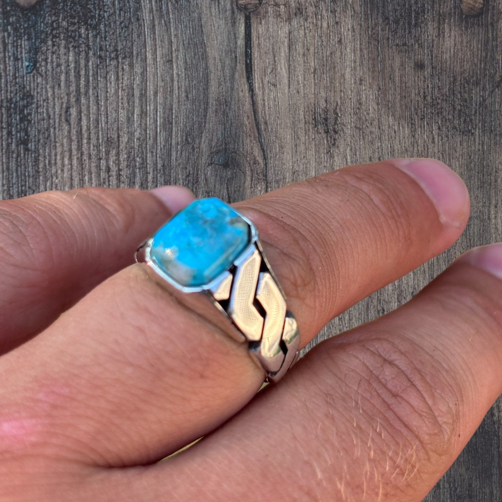 925 Sterling Silver Blue Turquoise Onyx Stone Cuban Ring