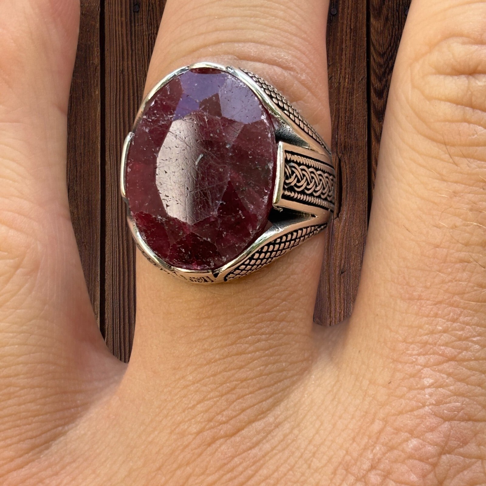 925 Sterling Silver Red Ruby Oval Stone Ring