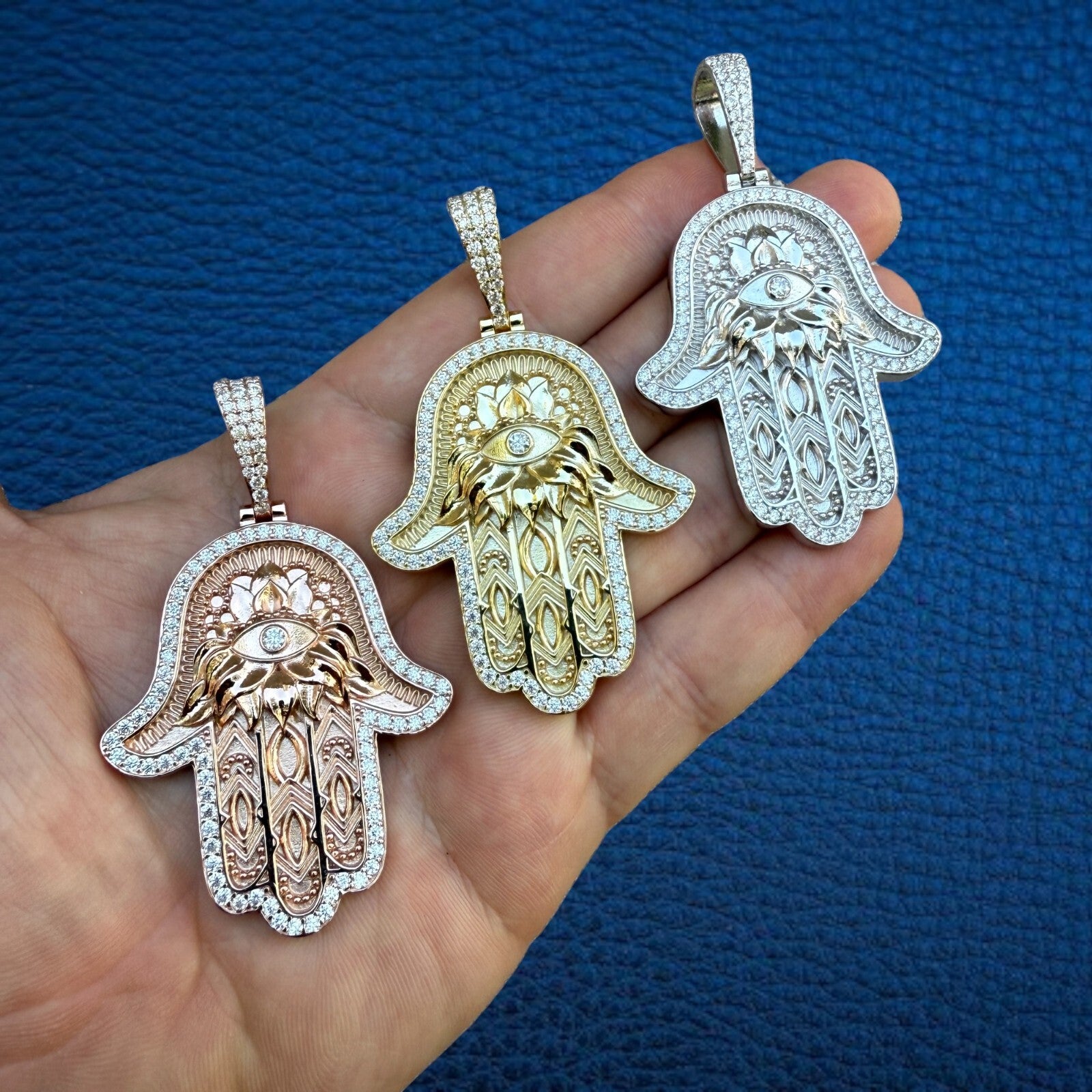 925 Sterling Silver Hamsa Hand Pendant With Moissanite - Large