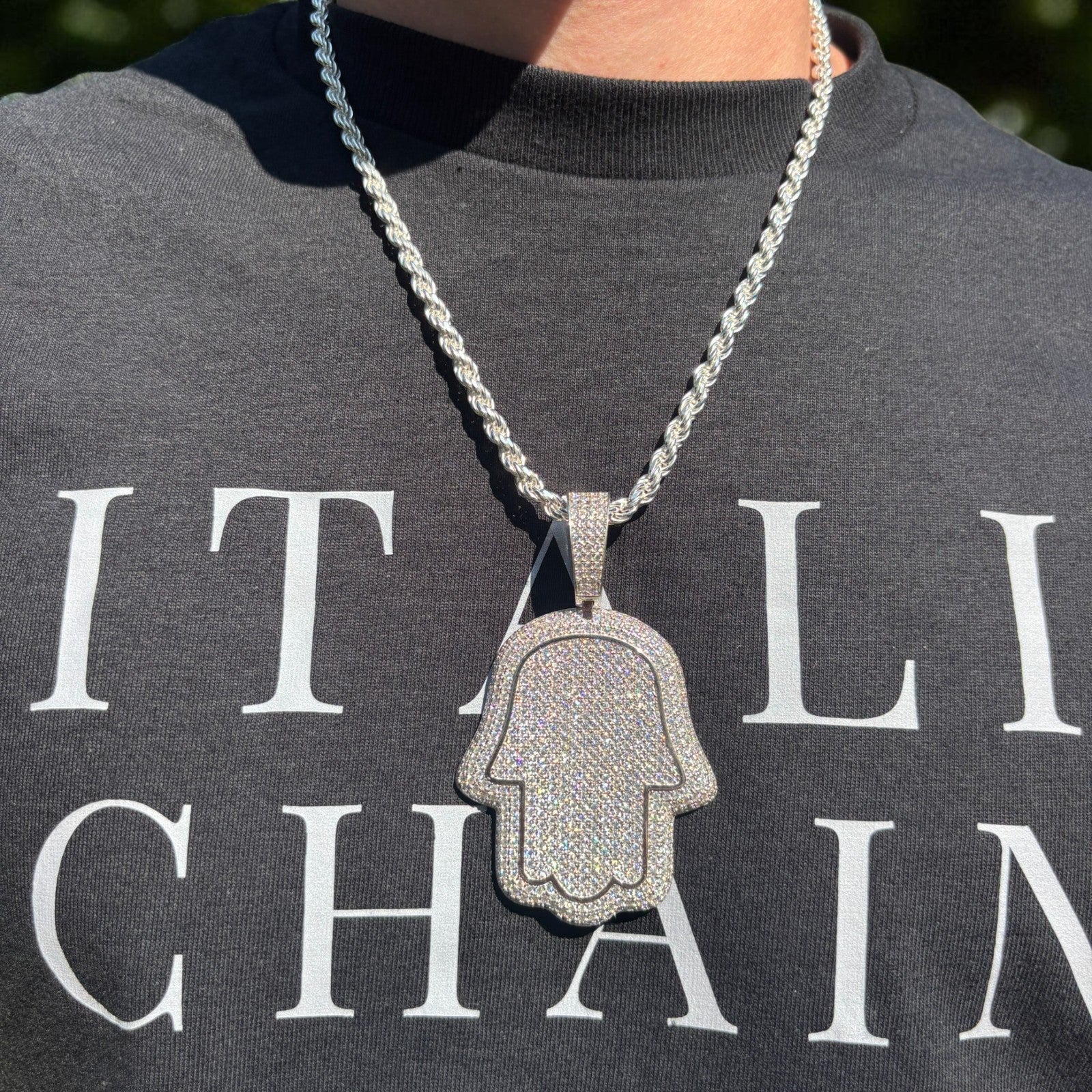 925 Sterling Silver Fully Iced Out Hamsa Pendant With Moissanite - Large