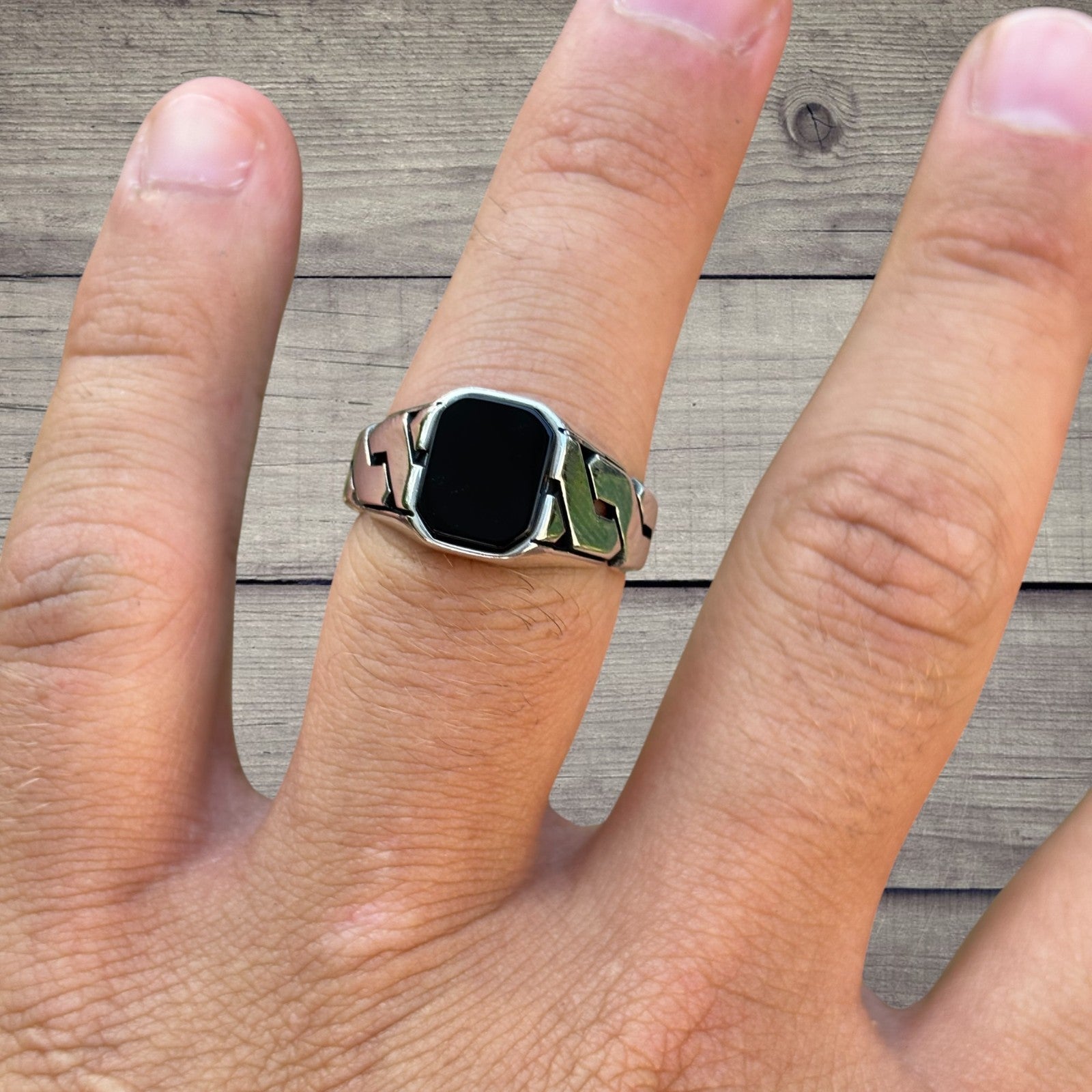 925 Sterling Silver Black Onyx Stone Cuban Ring
