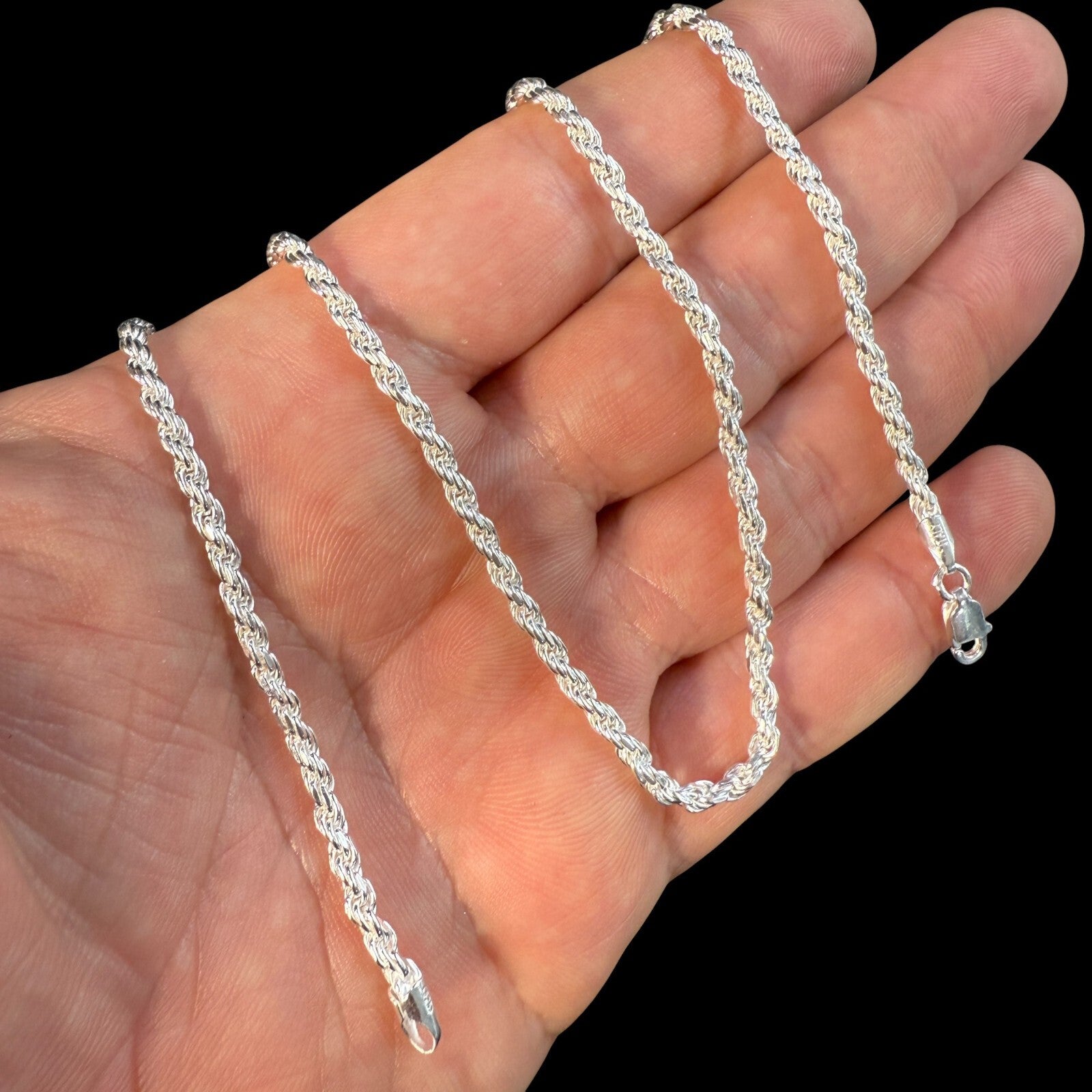 925 Sterling Silver 3mm Diamond Cut Rope Chain Necklace
