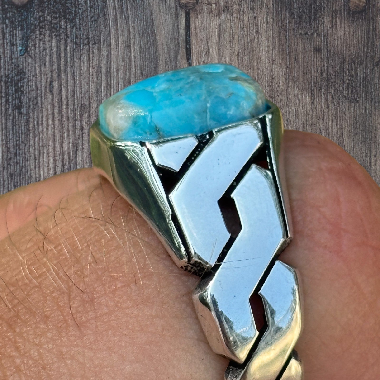 925 Sterling Silver Blue Turquoise Onyx Stone Cuban Ring