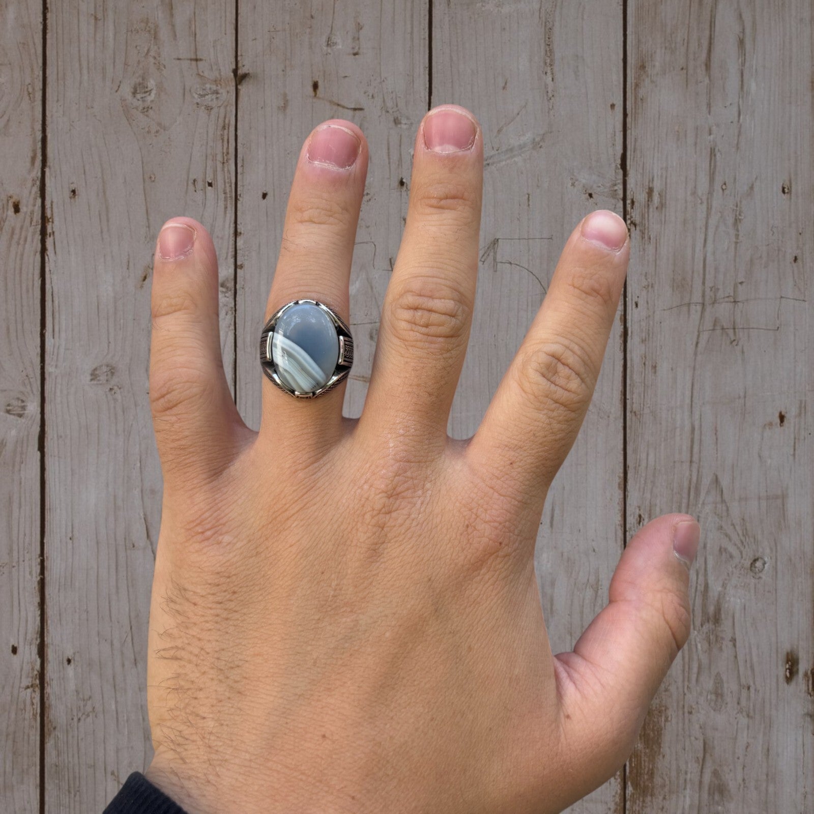Real 925 Sterling Silver Oval Agate Gemstone Ring