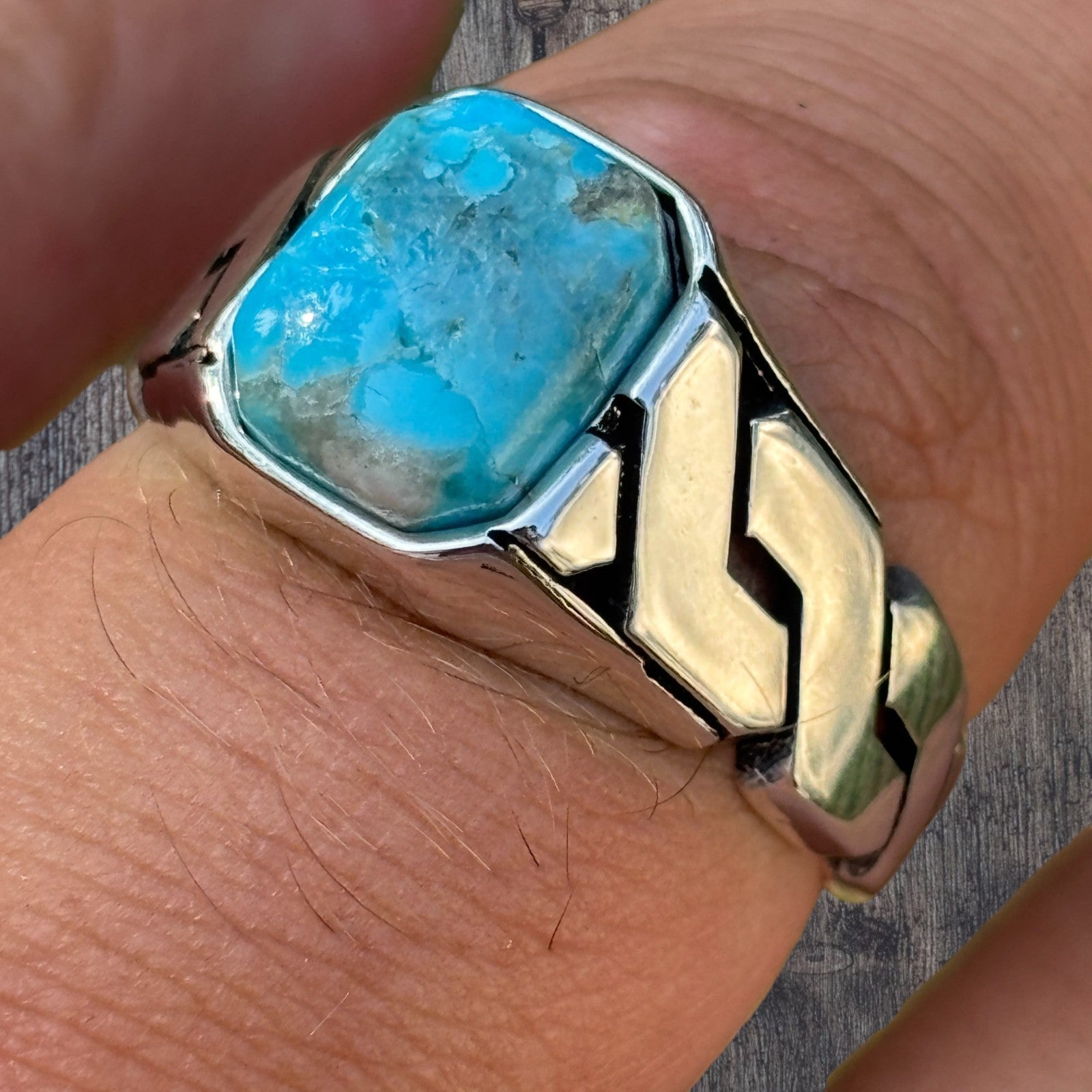 925 Sterling Silver Blue Turquoise Onyx Stone Cuban Ring