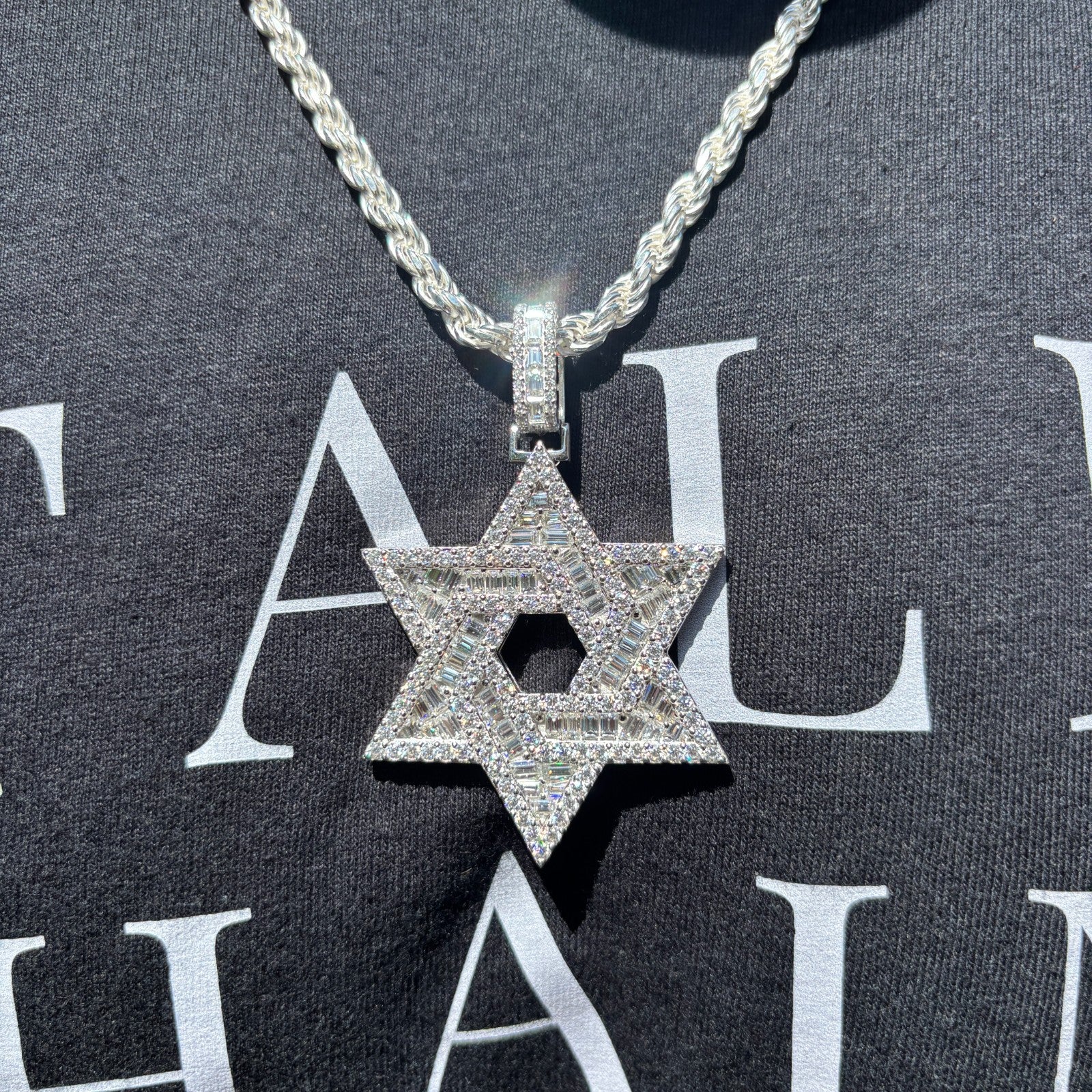 925 Sterling Silver Baguette Moissanite Star Of David Pendant - Large