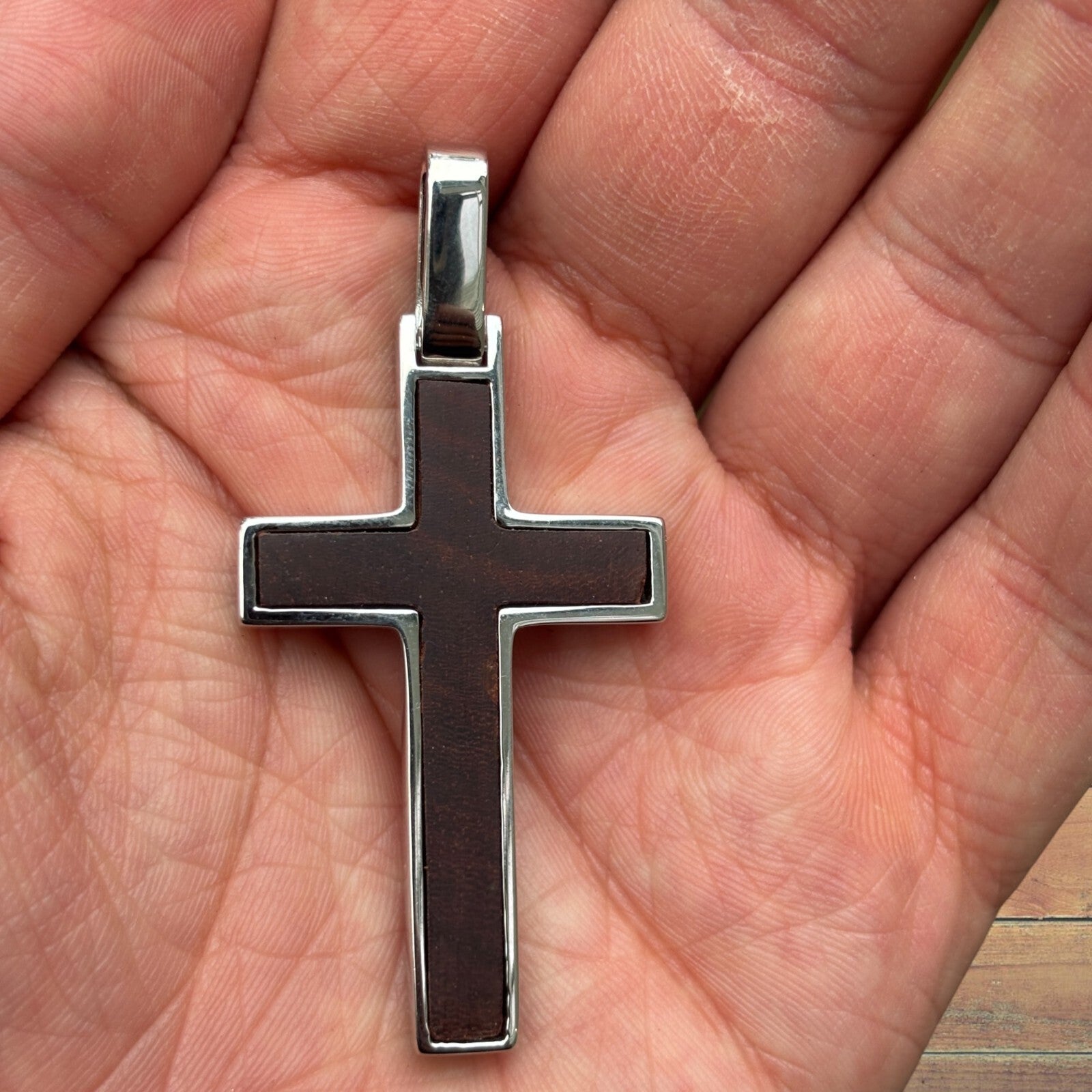 925 Sterling Silver Wooden Cross Pendant - Large