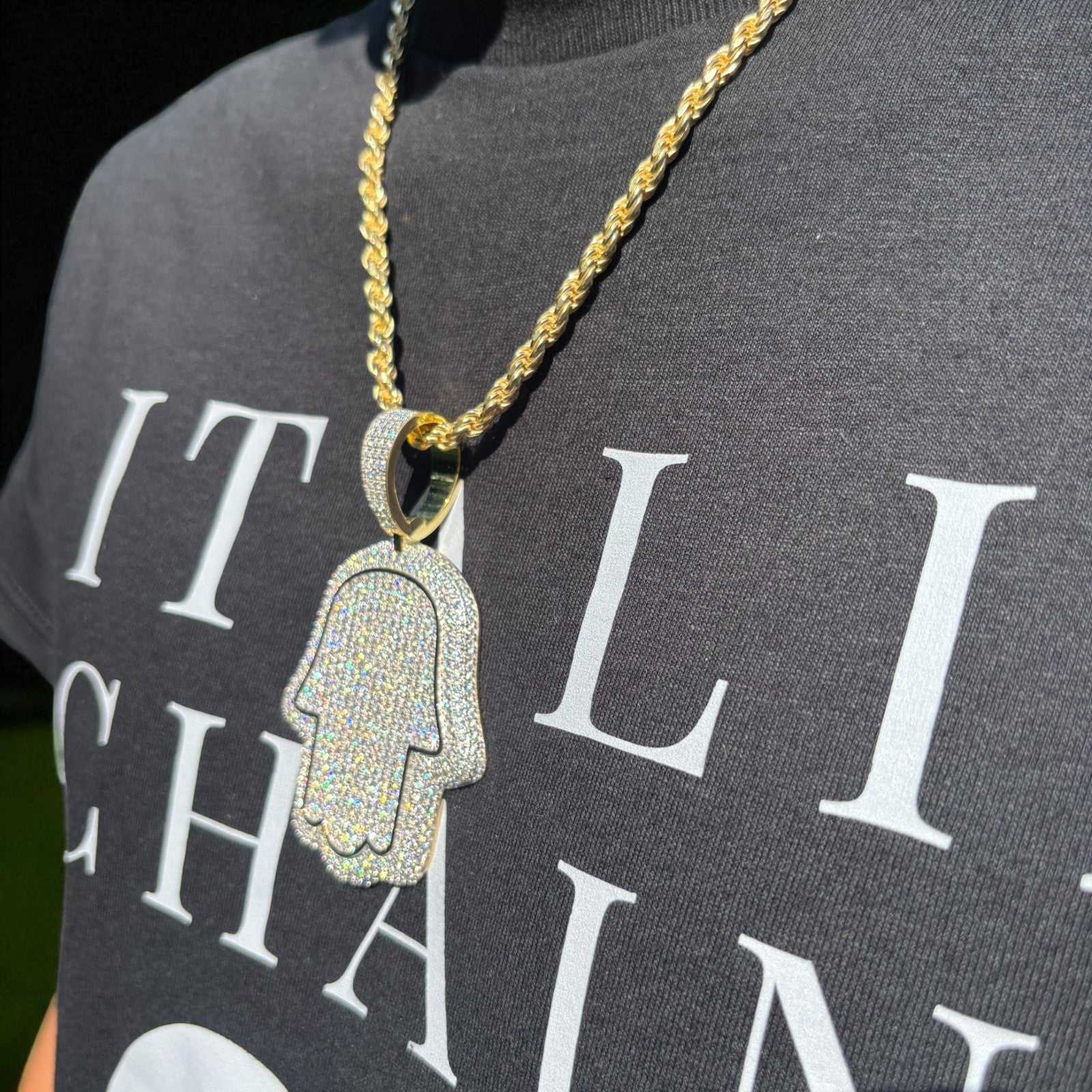 925 Sterling Silver Fully Iced Out Hamsa Pendant With Moissanite - Large