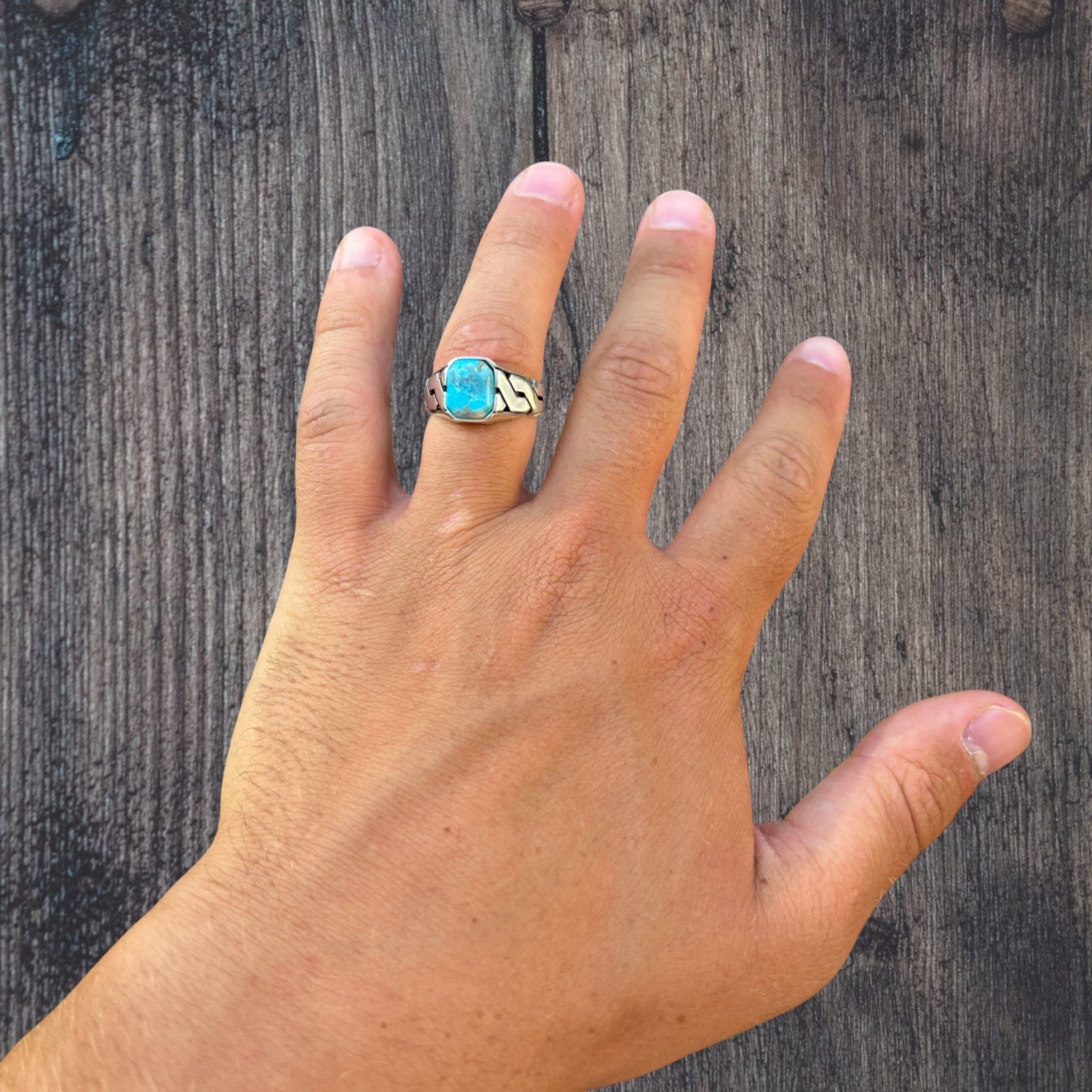 925 Sterling Silver Blue Turquoise Onyx Stone Cuban Ring