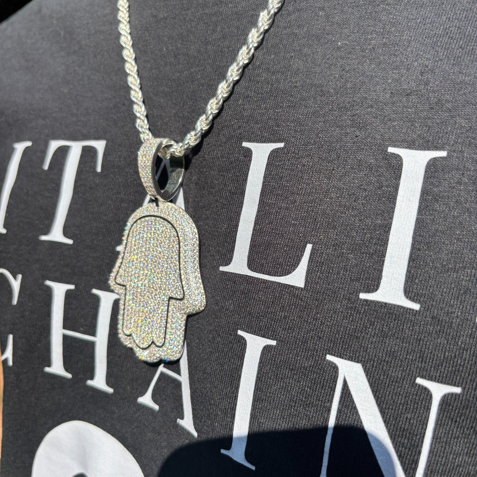 925 Sterling Silver Fully Iced Out Hamsa Pendant With Moissanite - Large