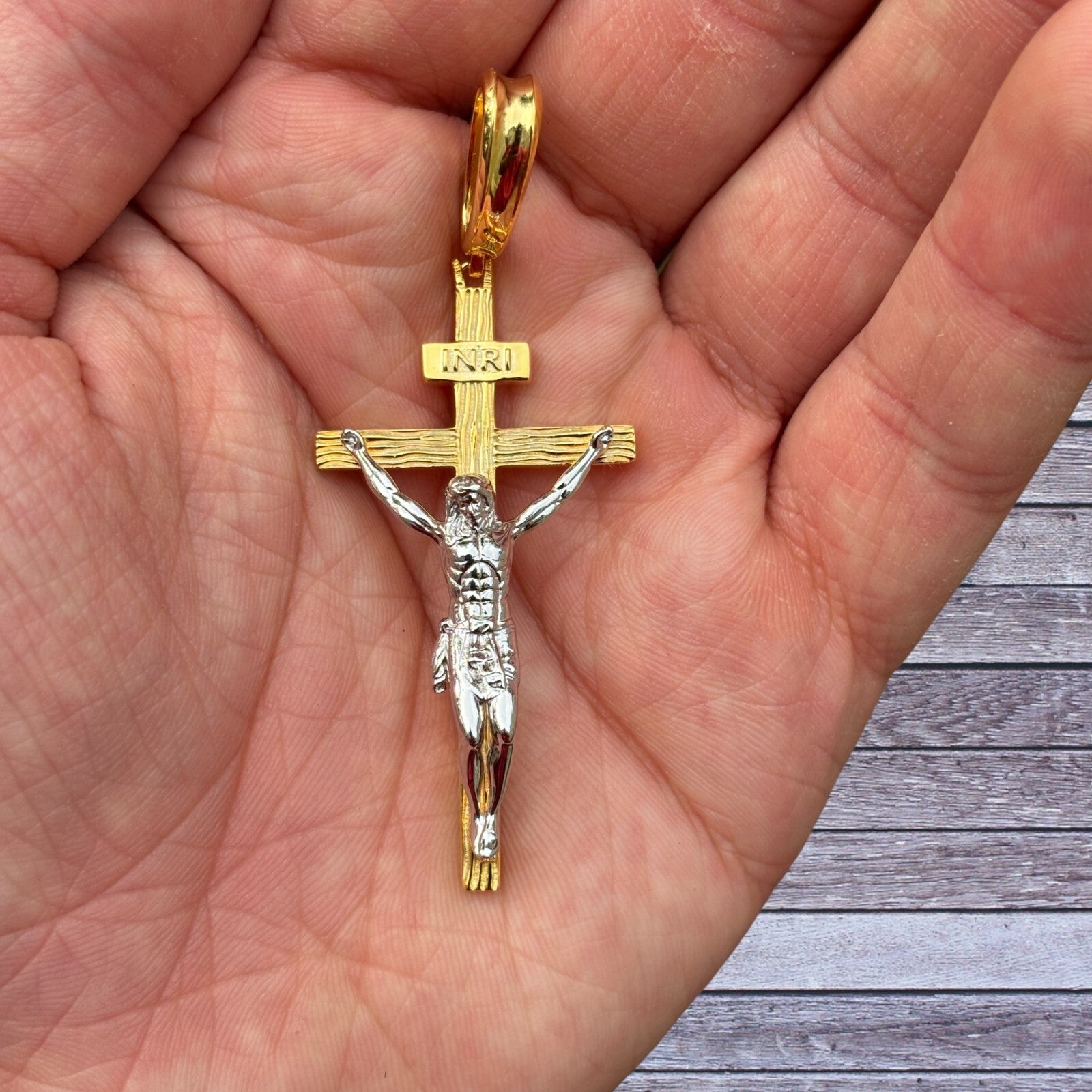 925 Sterling Silver Jesus on Wooden Cross Pendant