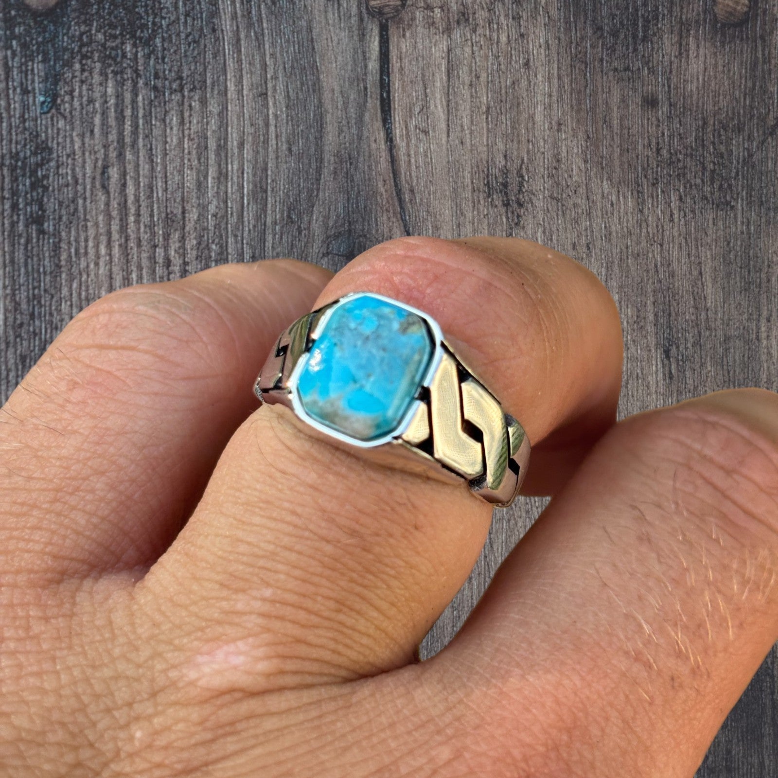 925 Sterling Silver Blue Turquoise Onyx Stone Cuban Ring