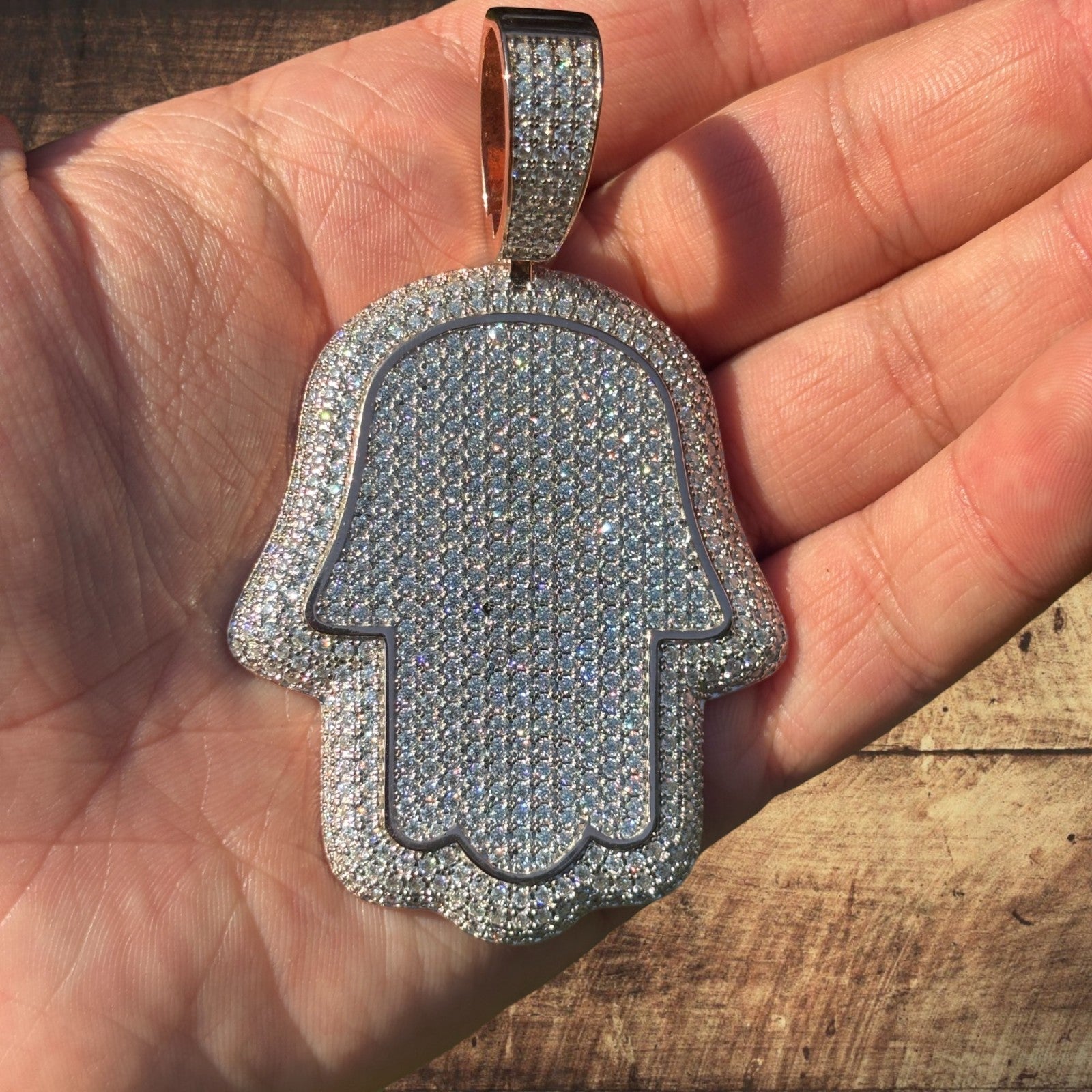 925 Sterling Silver Fully Iced Out Hamsa Pendant With Moissanite - Large