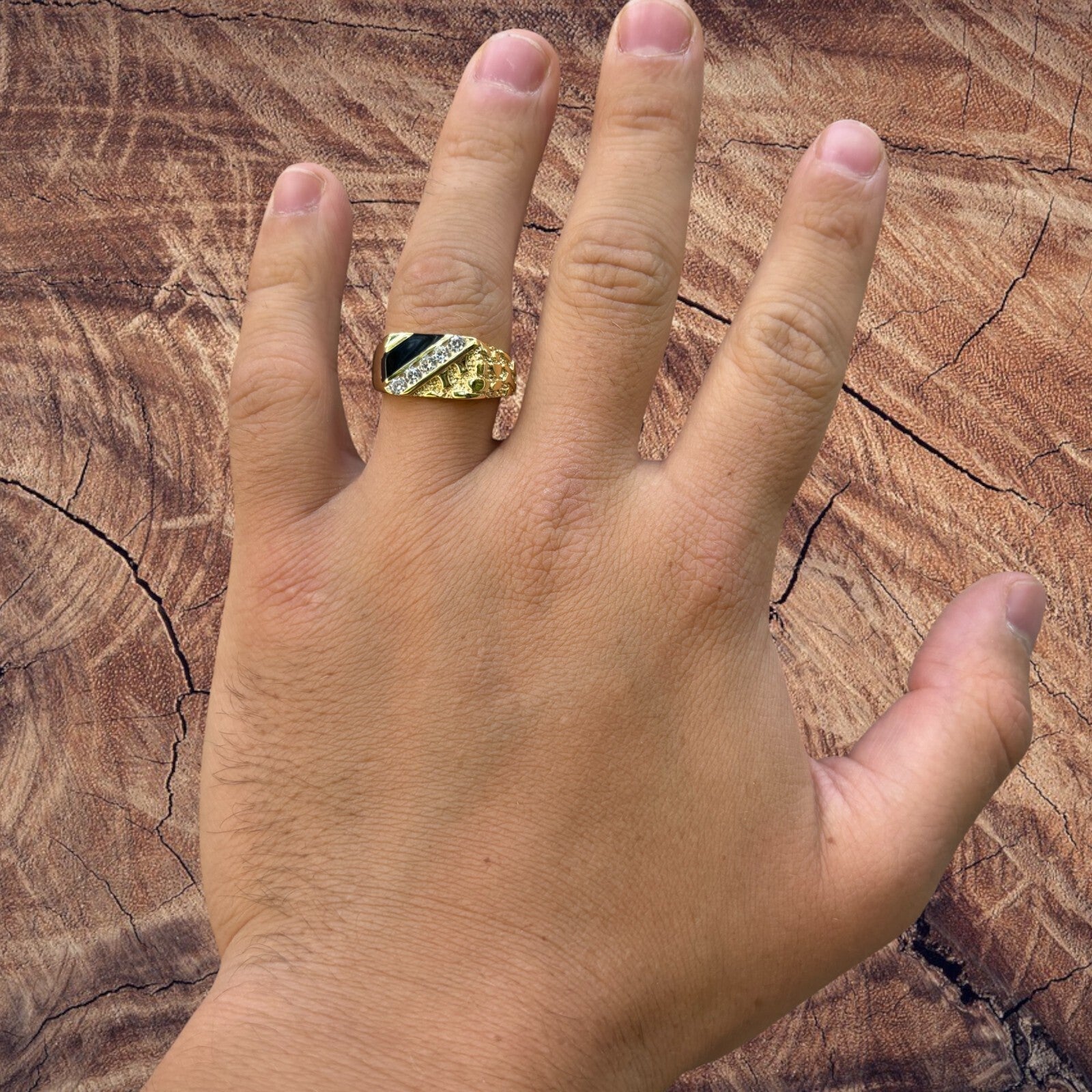 925 Sterling Silver Nugget Ring With Black Onyx & CZ Stones