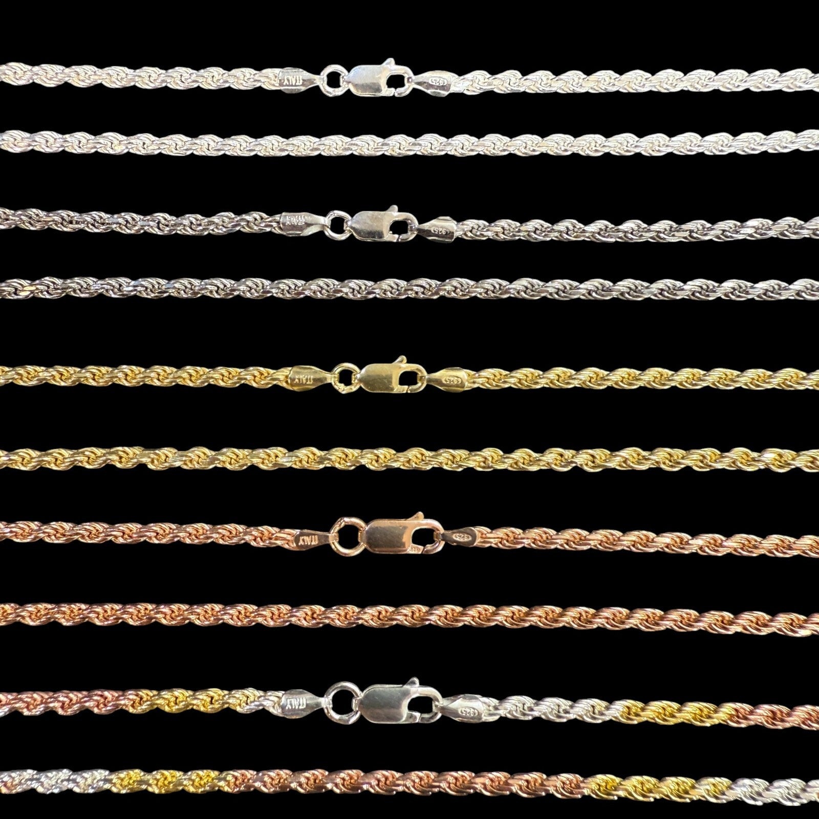 925 Sterling Silver 3mm Diamond Cut Rope Chain Necklace