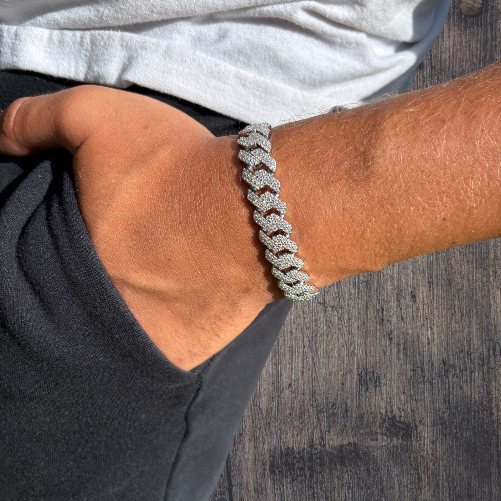 925 Sterling Silver 12mm Moissanite Cuban Prong Bracelet