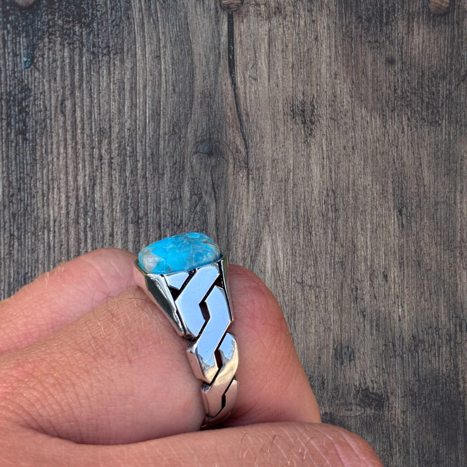 925 Sterling Silver Blue Turquoise Onyx Stone Cuban Ring