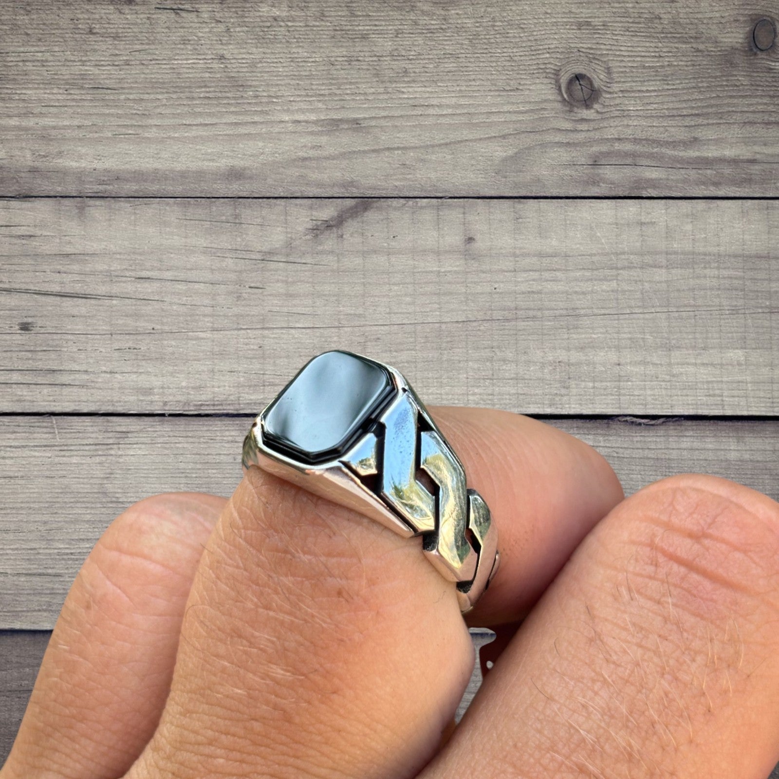 925 Sterling Silver Black Onyx Stone Cuban Ring