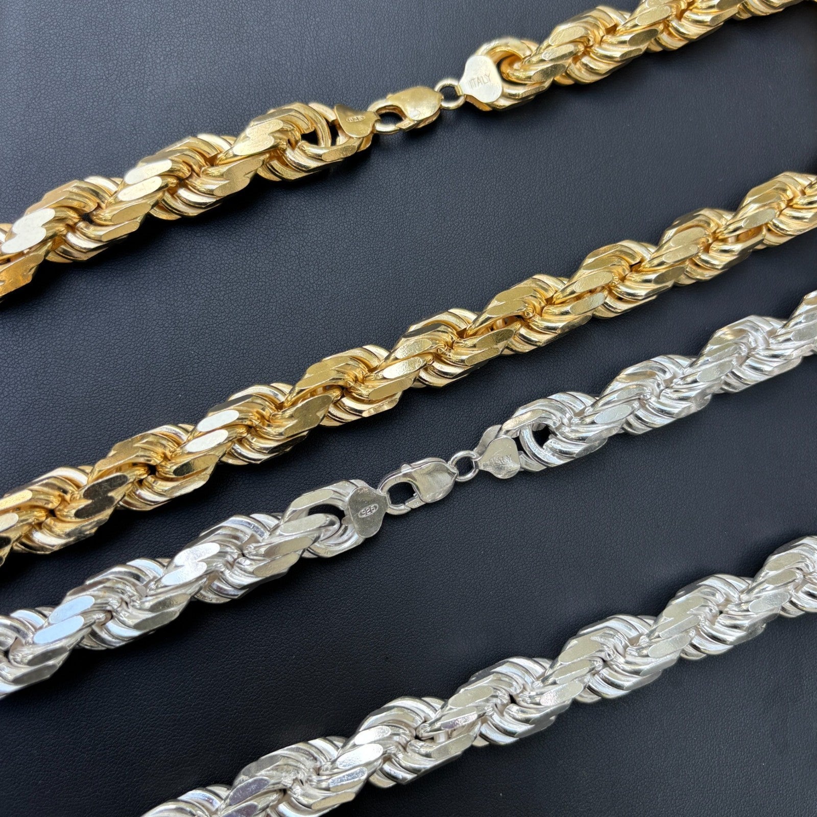 925 Sterling Silver 12.5mm Diamond Cut Rope Chain Necklace