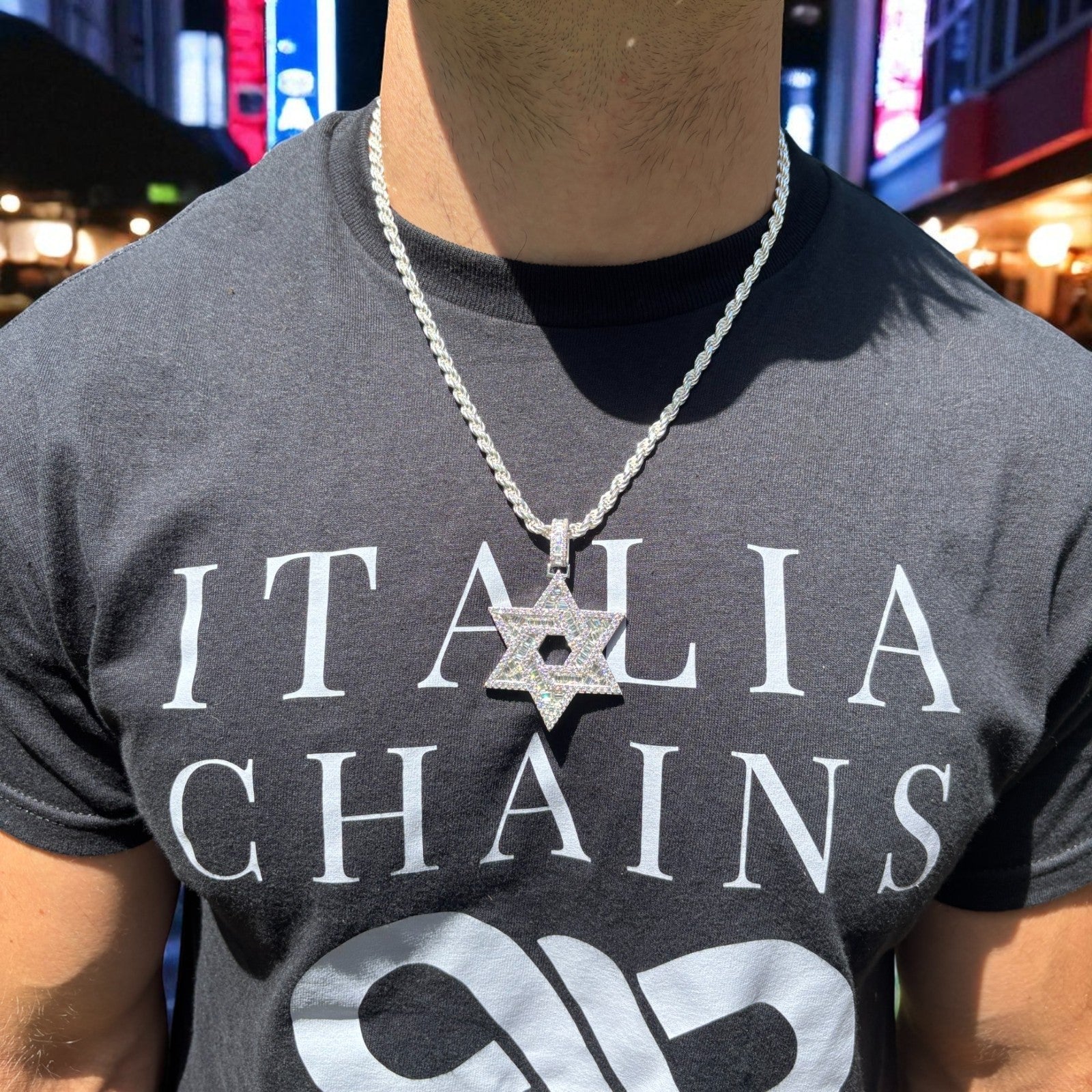 925 Sterling Silver Baguette Moissanite Star Of David Pendant - Large