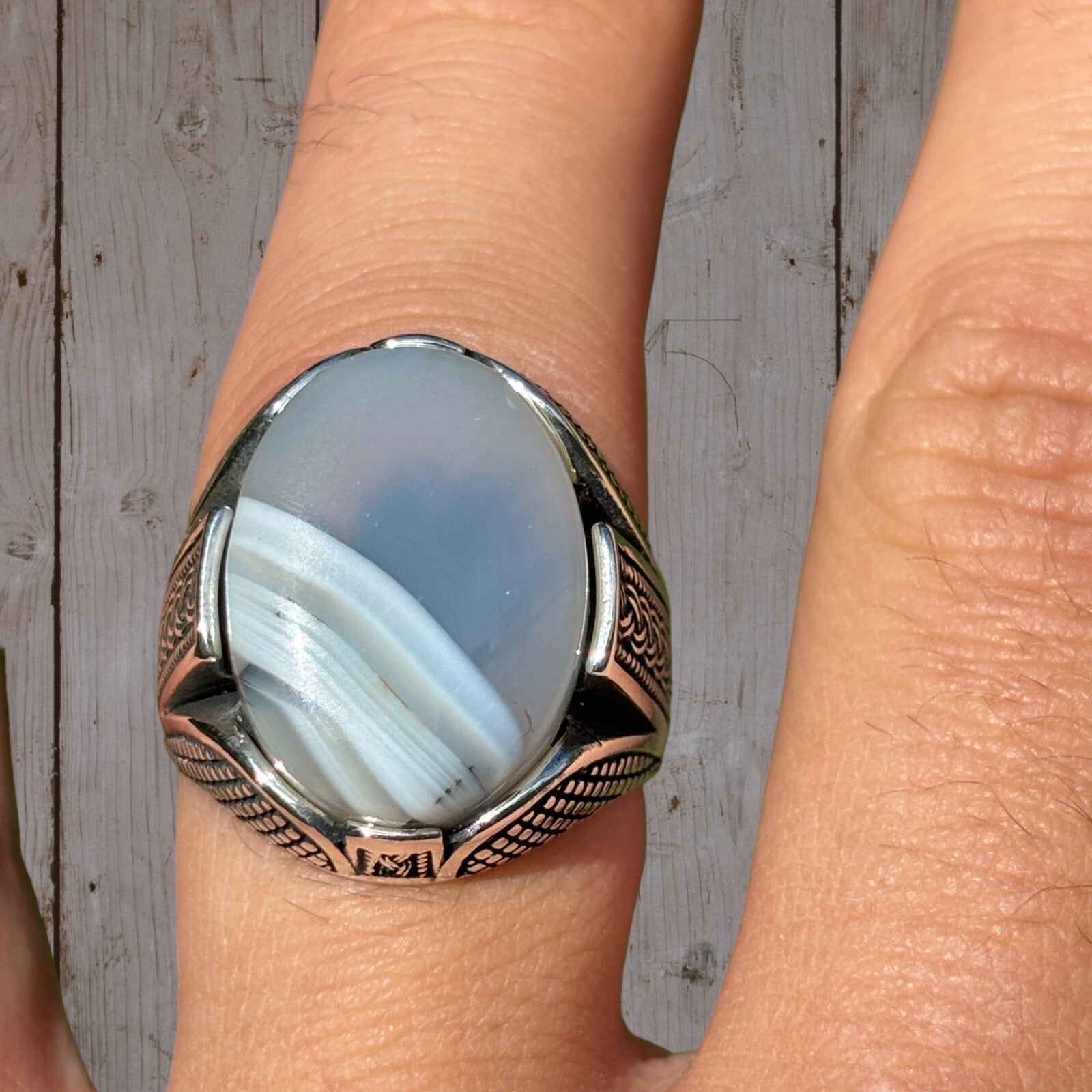 Real 925 Sterling Silver Oval Agate Gemstone Ring