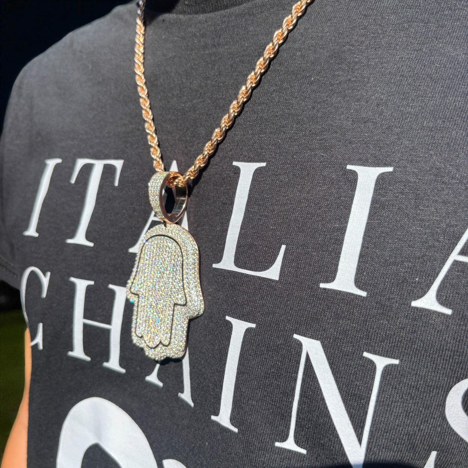 925 Sterling Silver Fully Iced Out Hamsa Pendant With Moissanite - Large