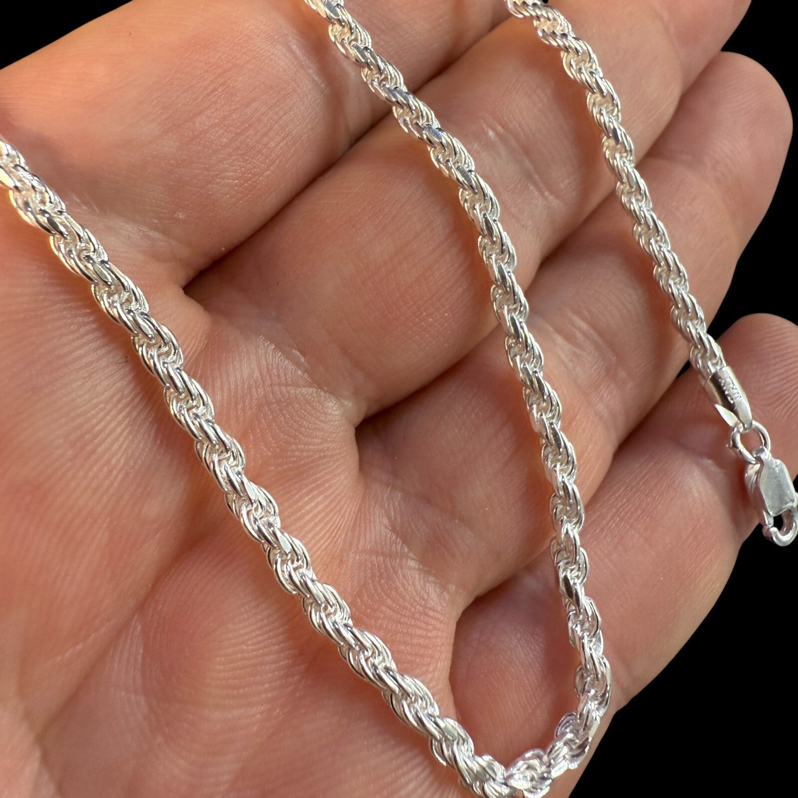 925 Sterling Silver 3mm Diamond Cut Rope Chain Necklace