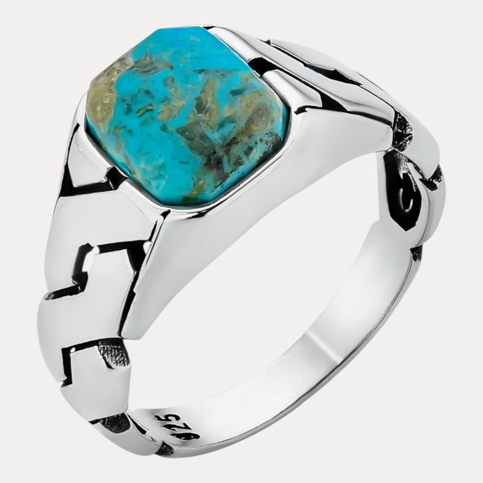 925 Sterling Silver Blue Turquoise Onyx Stone Cuban Ring