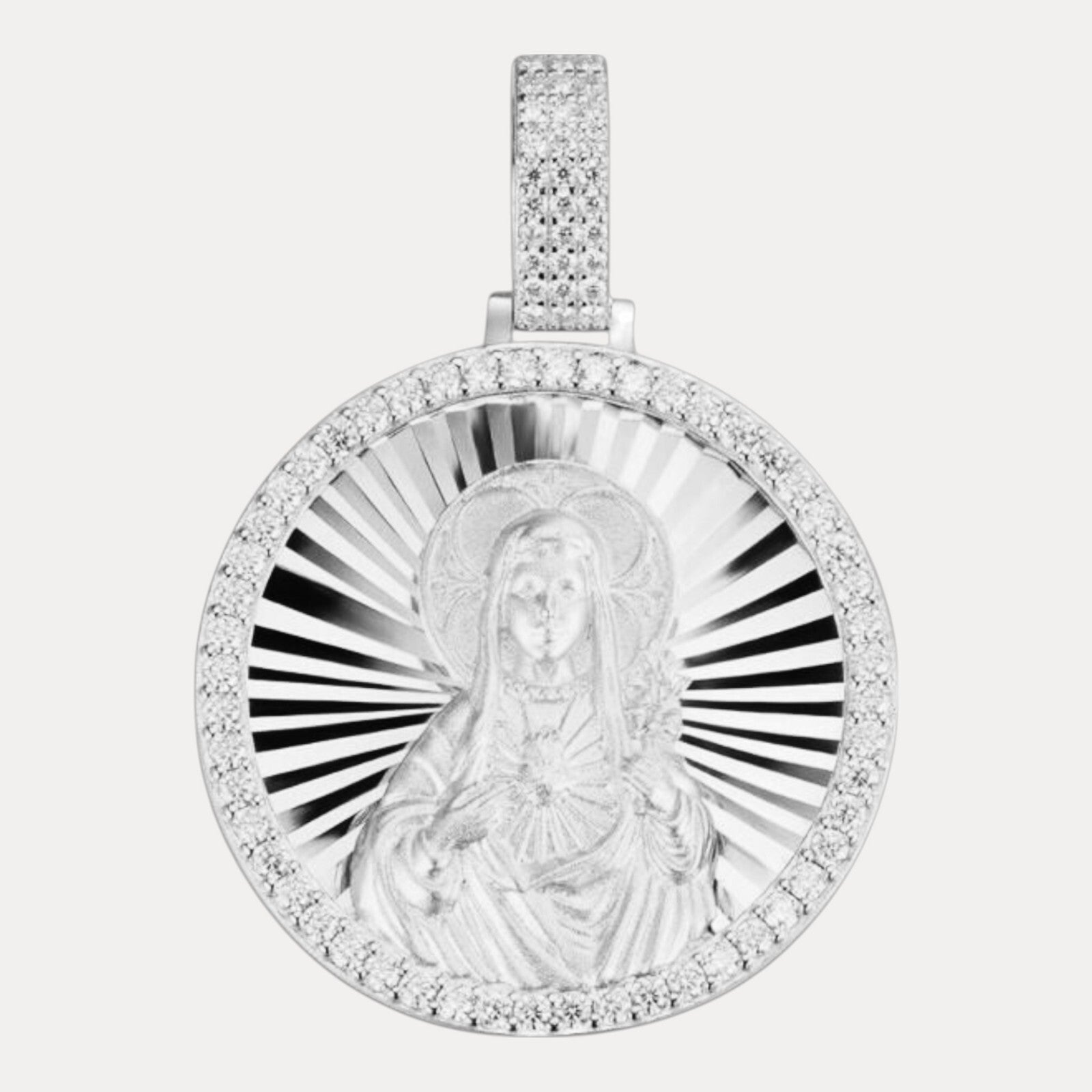 925 Sterling Silver Round Medallion Virgin Mary Pendant With Moissanite