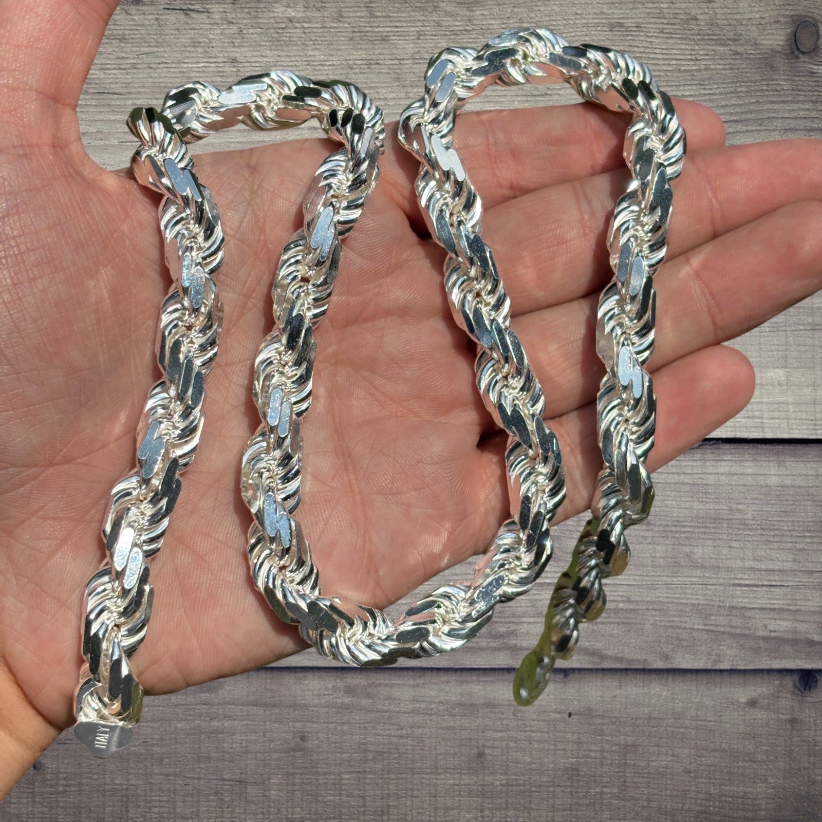 925 Sterling Silver 11mm Diamond Cut Rope Chain Necklace