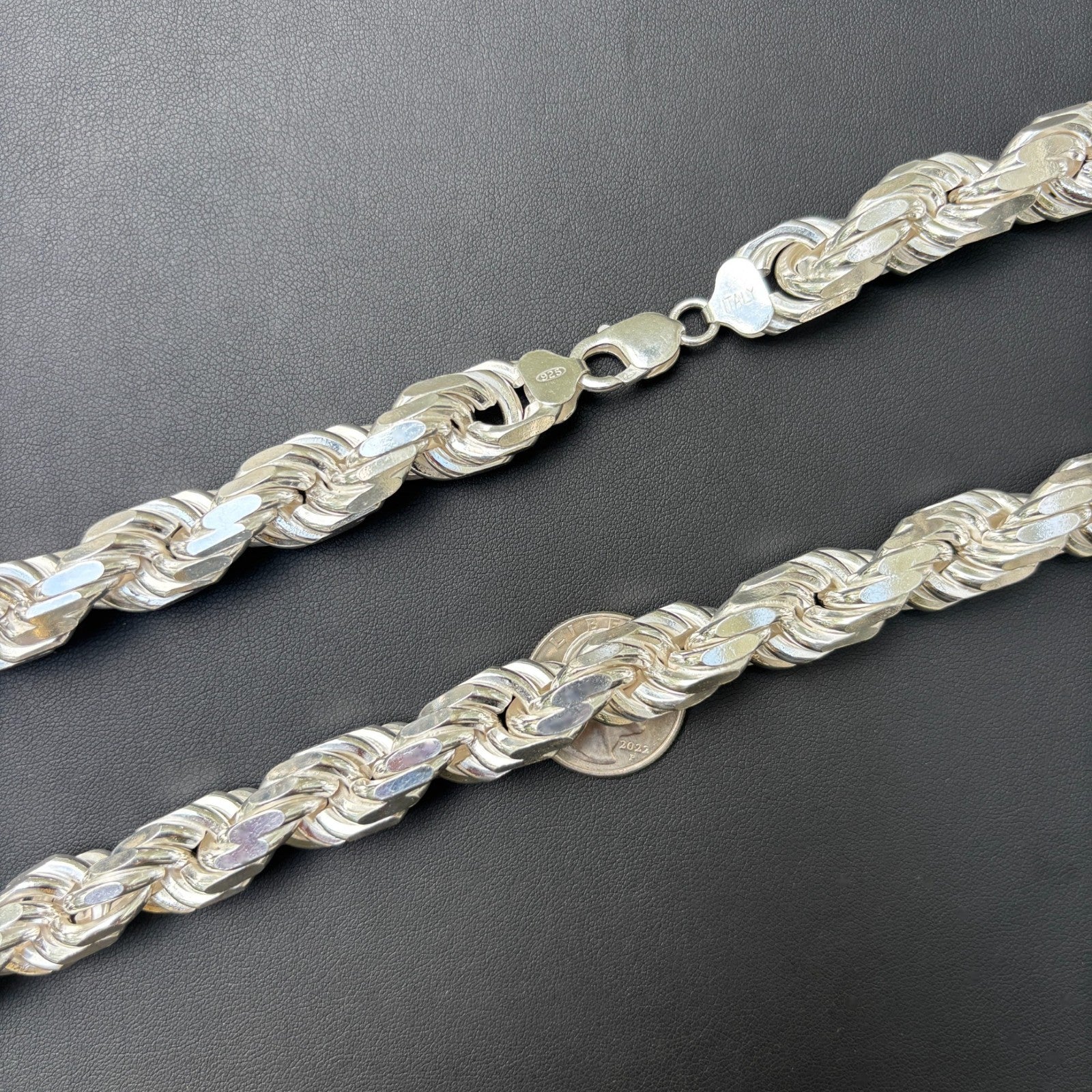 925 Sterling Silver 14mm Diamond Cut Rope Chain Necklace