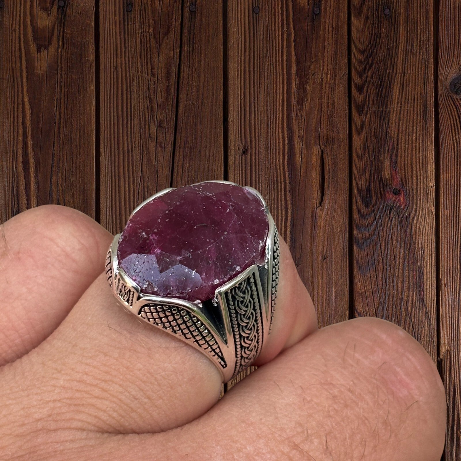 925 Sterling Silver Red Ruby Oval Stone Ring