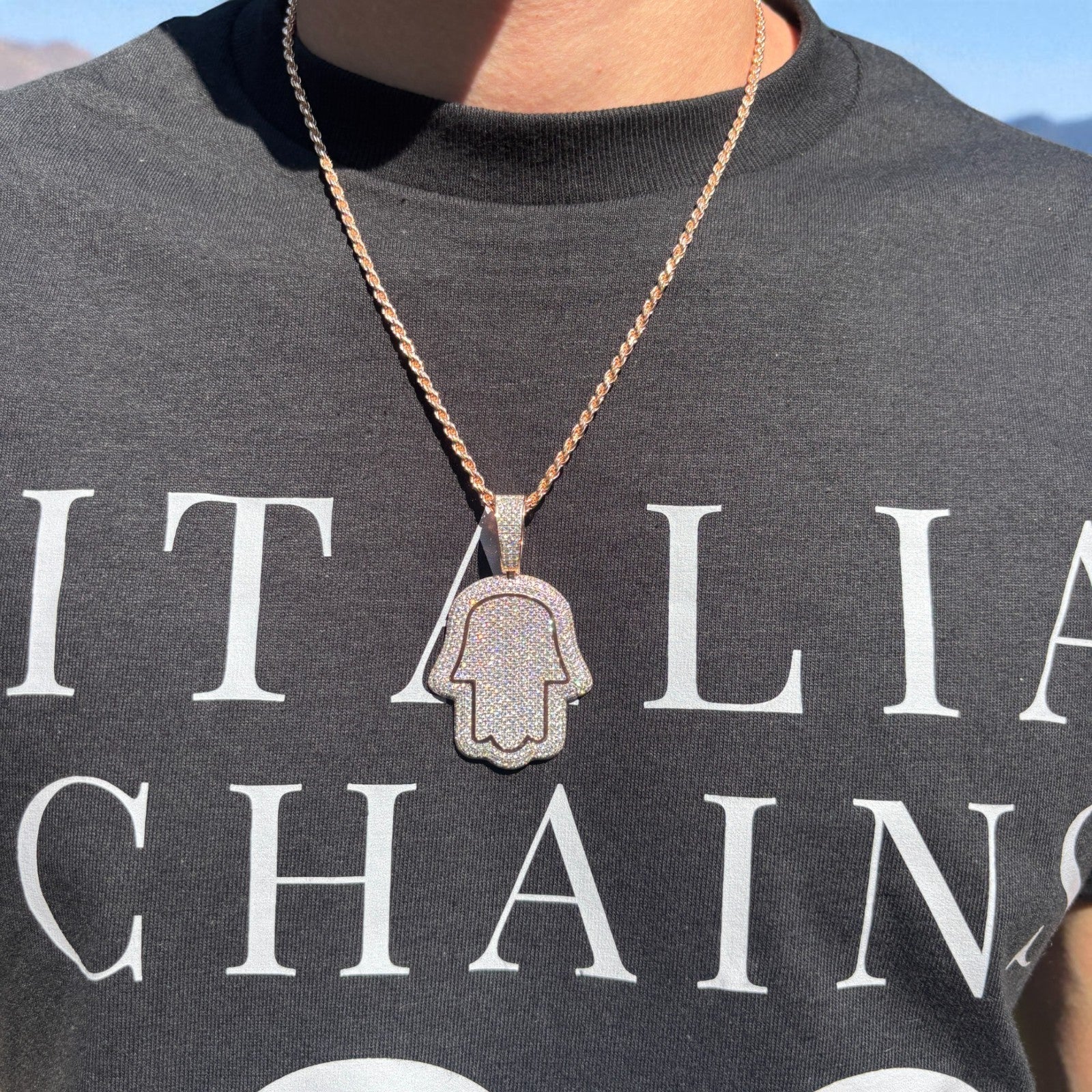 925 Sterling Silver Fully Iced Out Hamsa Pendant With Moissanite - Medium