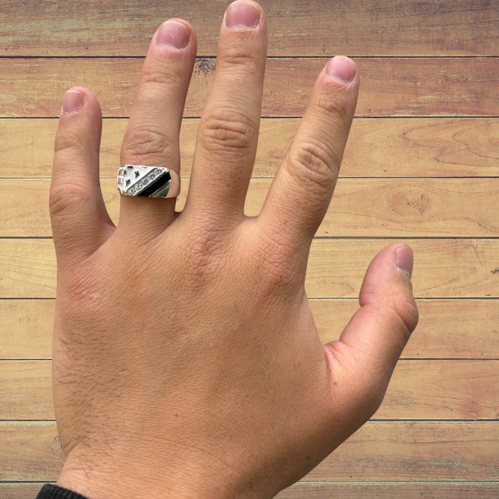 925 Sterling Silver Nugget Ring With Black Onyx & CZ Stones